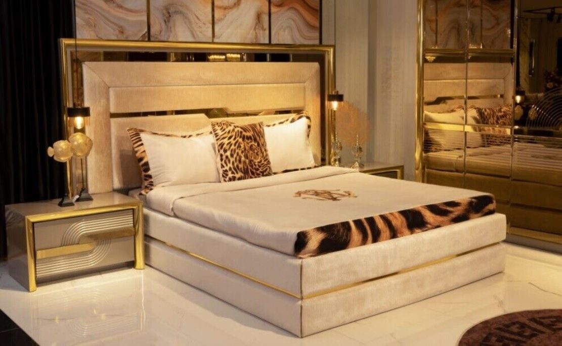 JVmoebel Schlafzimmer-Set Luxus 2x Made Europa Bett Sofort, Gold in 2х Nachttisch (3-St., Bett, Textil tlg. Nachttische), Betten 3