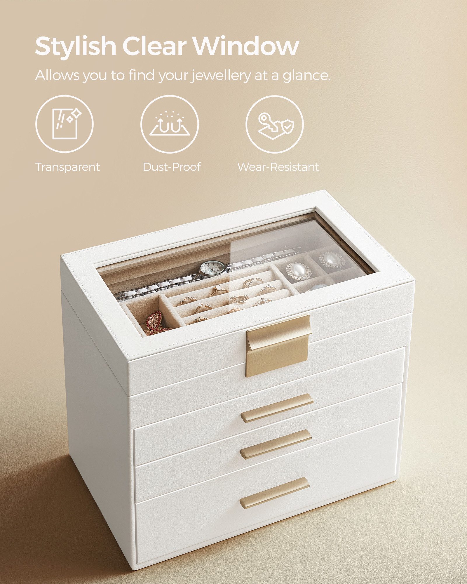 SONGMICS Schmuckkasten Schmuckkästchen mit 4 Ebenen, modern, mit Glasdeckel, Schmuckbox – Bild 5 von 5