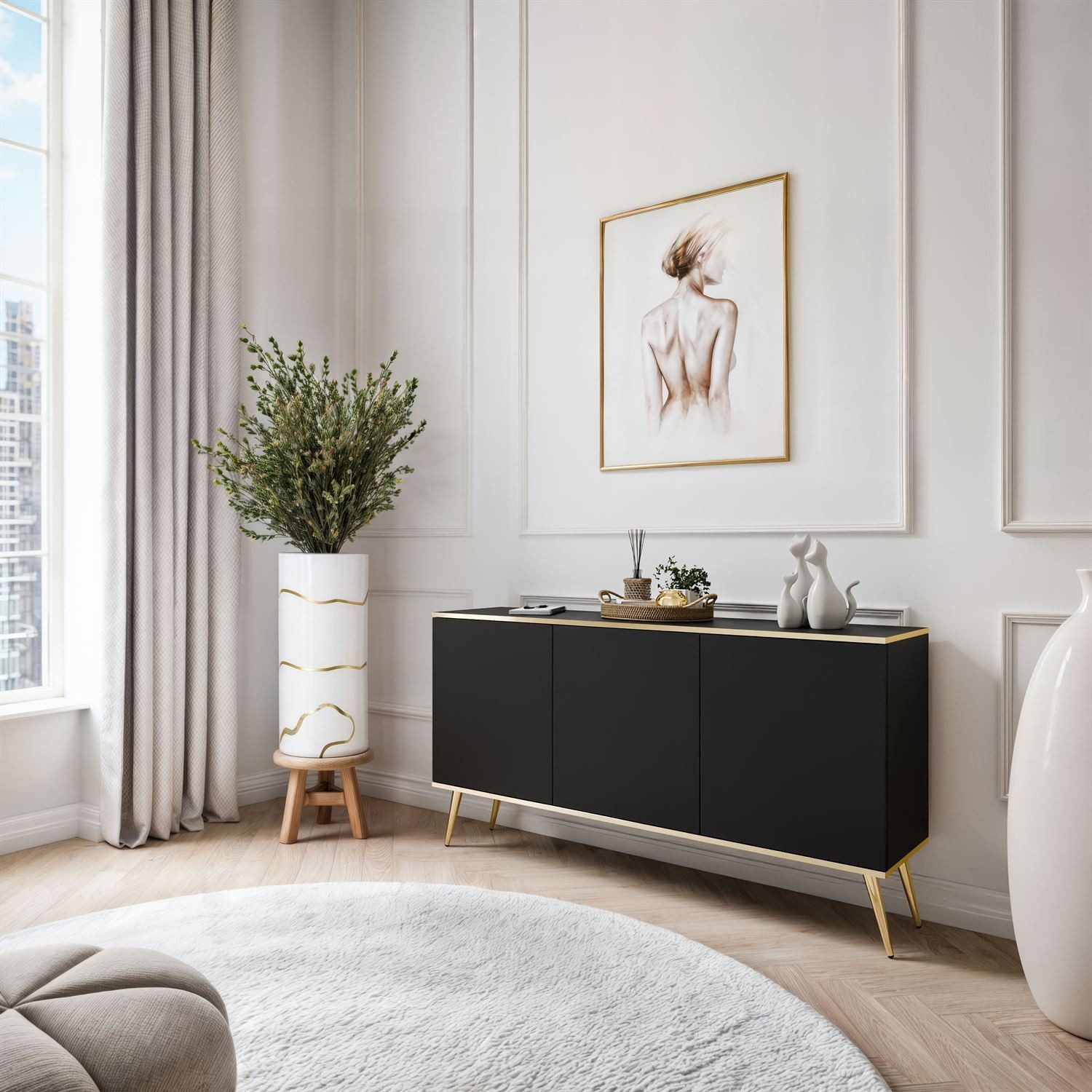 Lookway Kommode OXFORD K160 Die dreitürige Sideboards auf goldenen Füßen, 160x85x39 cm – Bild 2 von 5