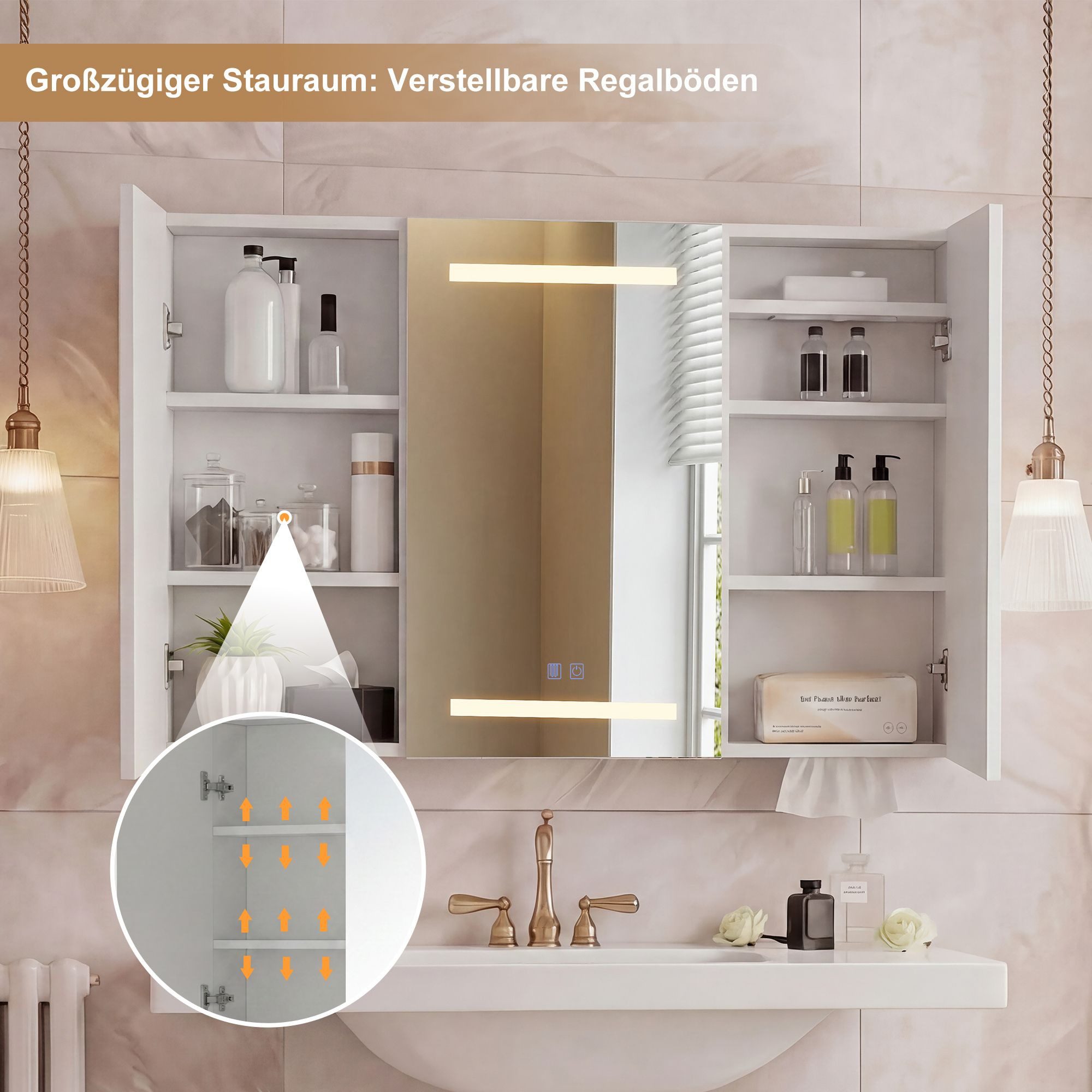 Gdood Badezimmerspiegelschrank Spiegelschrank Doppeltür Hängeschrank mit LED (1-St., Einstellung der warmen und kalten Farbtemperatur 3000/4500/6400K) inkl. Ste – Bild 5 von 5