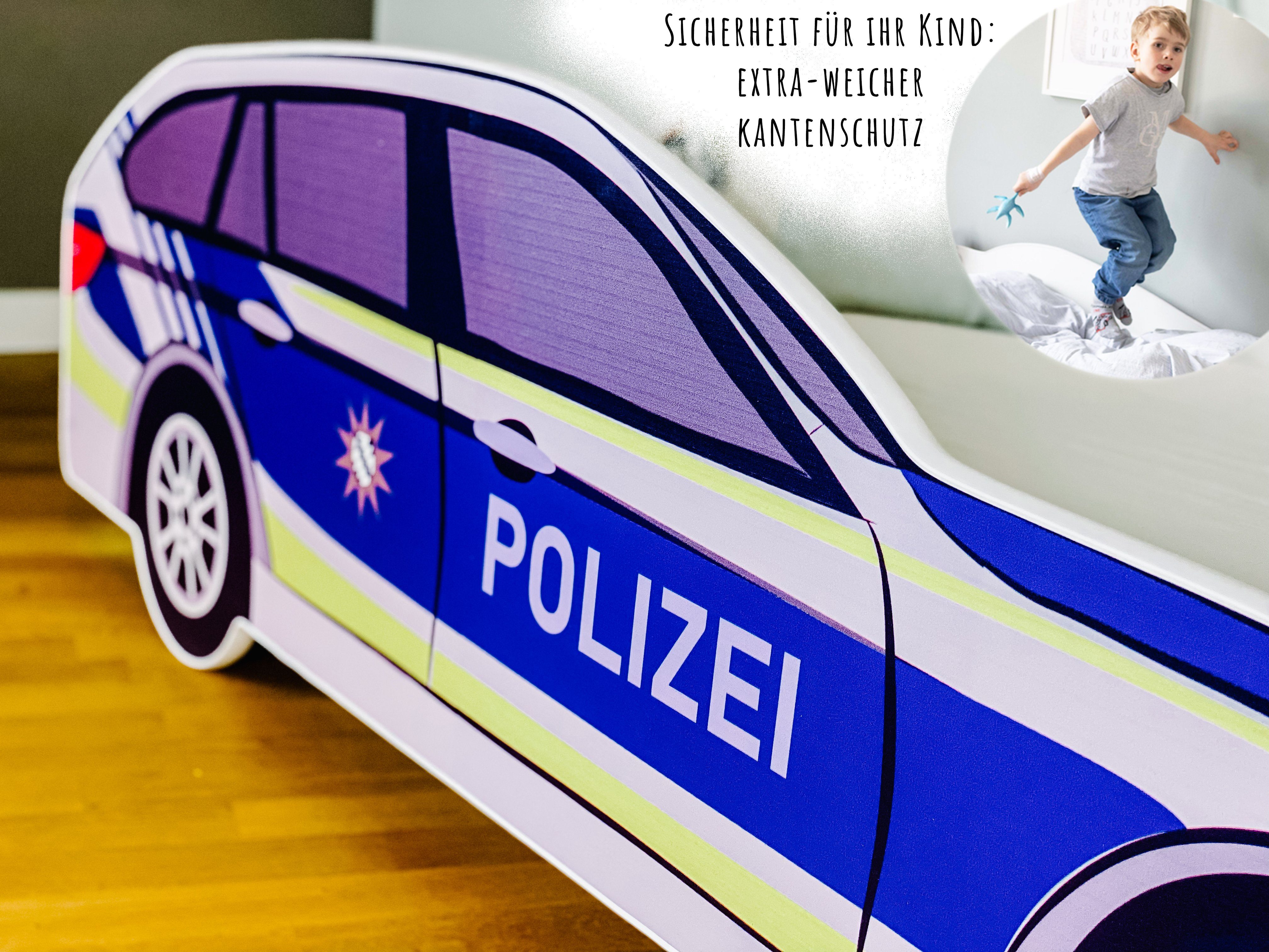 Kids Collective Autobett Kinderbett Jugendbett Polizei 70x140, 80x160 cm mit Rausfallschutz, Polizeiauto Polizisten Kinderspielbett 80x160 cm