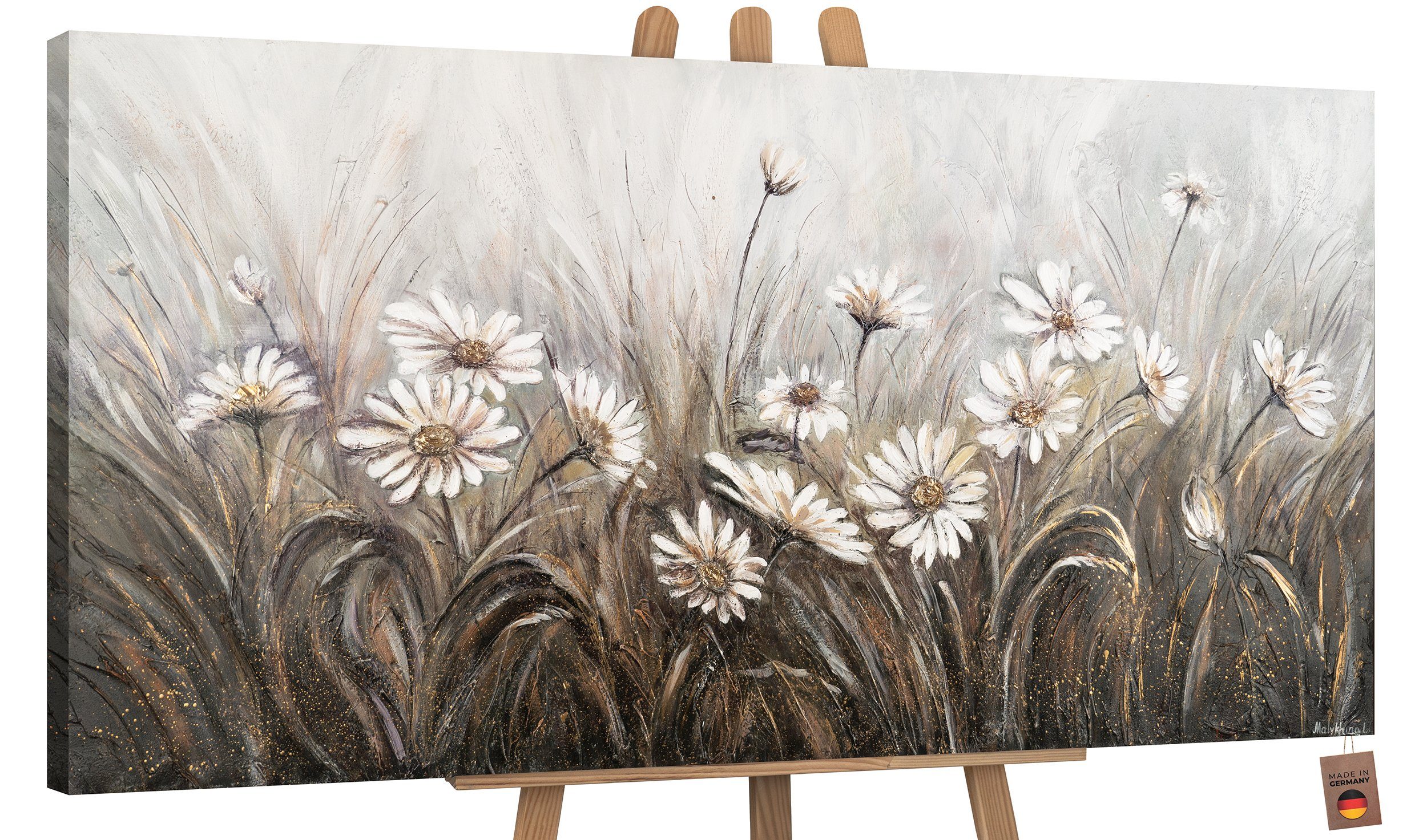 YS-Art Gemälde Gänseblümchen, Blumen, Blumen Leinwand Bild Handgemalt Schwarz Weiß Ohne Schattenfugenrahmen