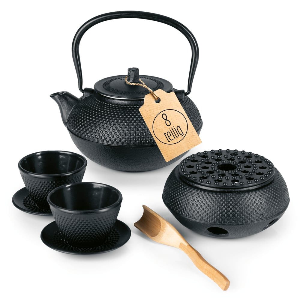 Lumaland Teekanne Set 8-teilig, 1,4 Liter Gusseiserne Teekanne Tetsubin, (8-St), Stövchen aus Gusseisen, 2 Teebecher & 2 Untersetzer uvm.