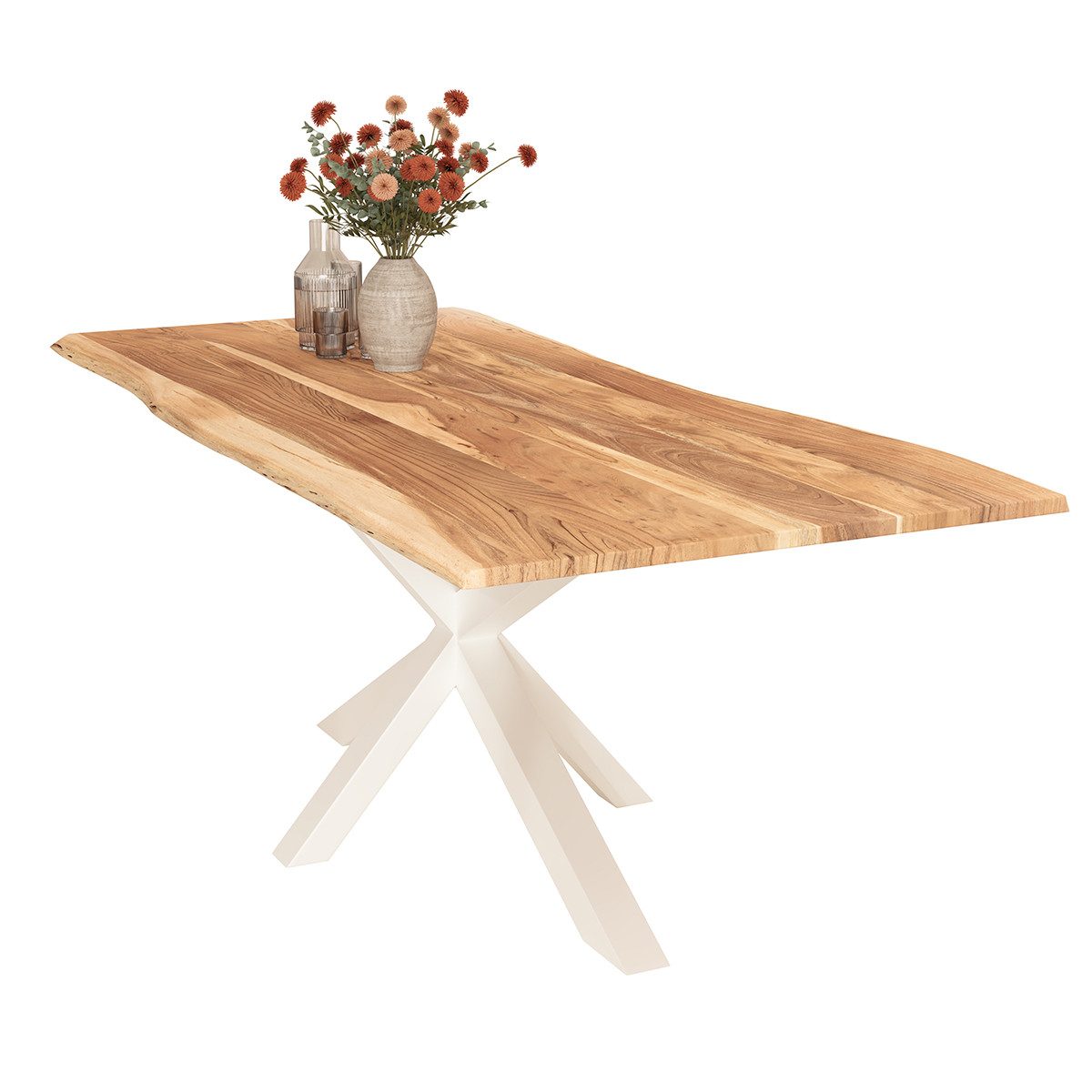 Liadomo Baumkantentisch Stella, Akazie Massivholz Tischplatte mit Spider-Gestell, sieben Größen