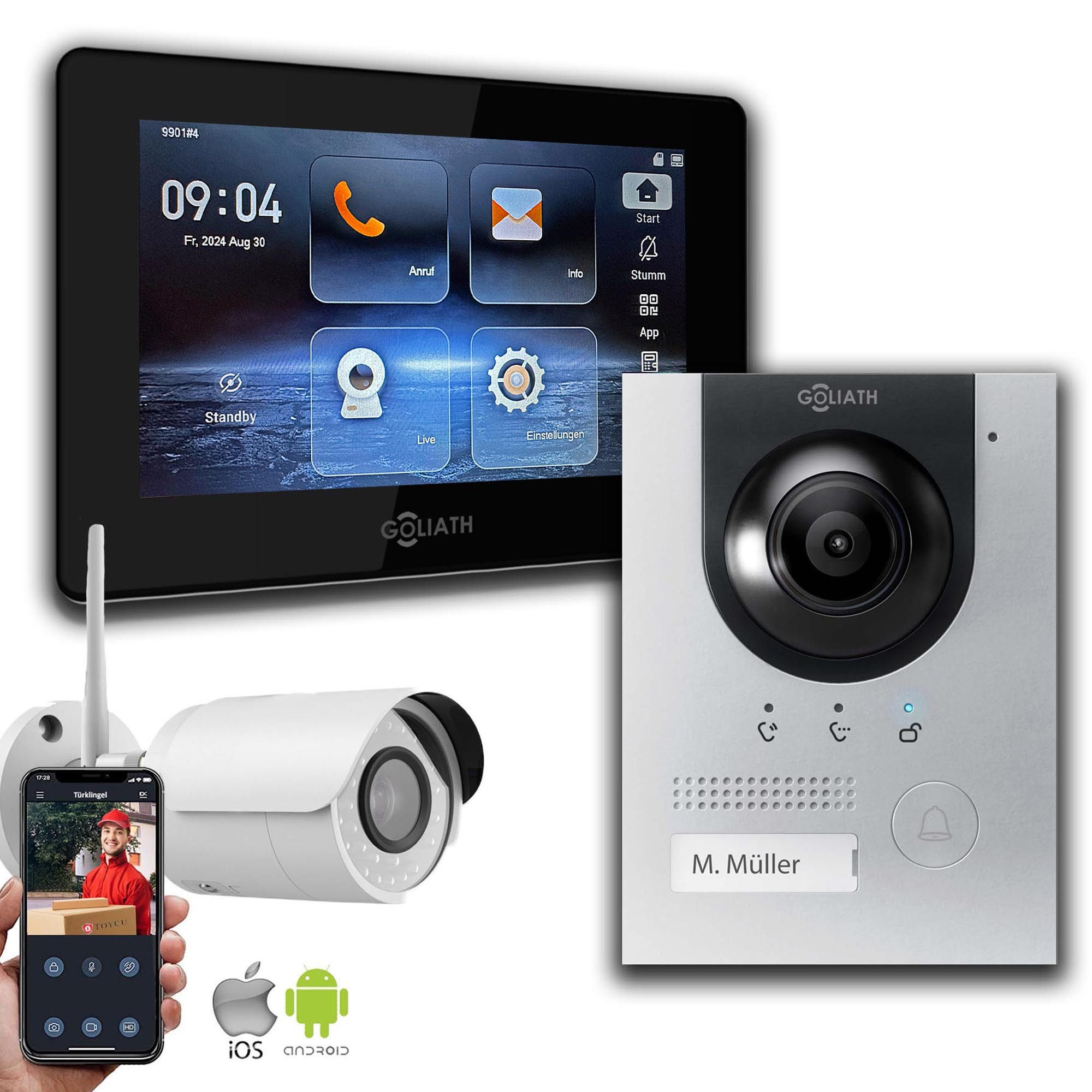 Video-Türsprechanlage Gegensprechanlage mit Kamera Goliath IP 2-Draht BUS Silber 1-Monitor 1