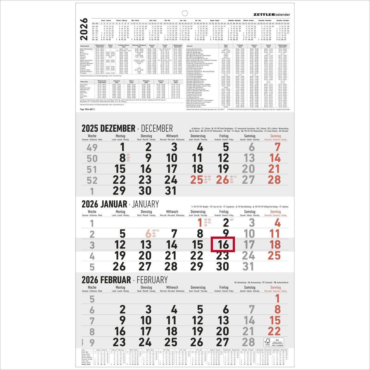 ZETTLER Wandkalender 3-Monatskalender 954 30x48cm 2026