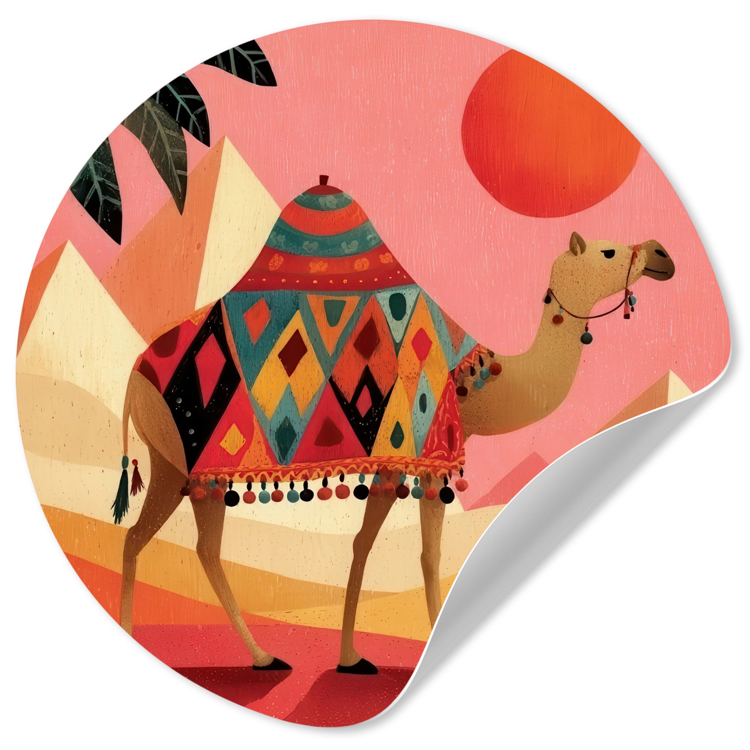 MuchoWow Wandsticker Kamel - Pyramiden - Rote Sonne (1 St), Wandtattoo Selbstklebend, Wohnzimmer Deko Aufkleber, 30x30 cm