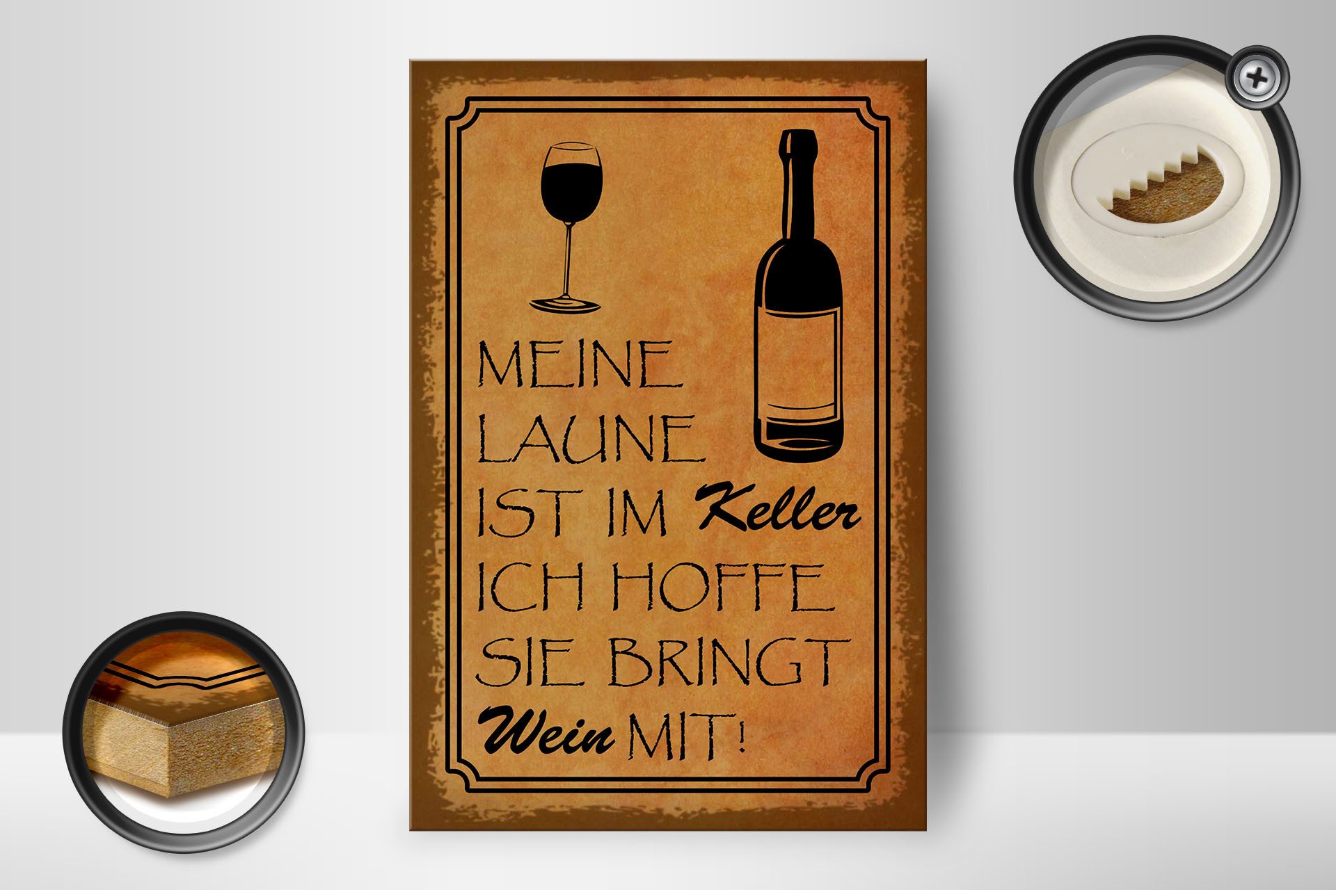 Femer GmbH Holzbild Alkohol 12x18 cm Laune im Keller hoffe sie bringt Wein mit, (1 St), Glatte Holzfaserplatte (MDF), vorn beschichtet