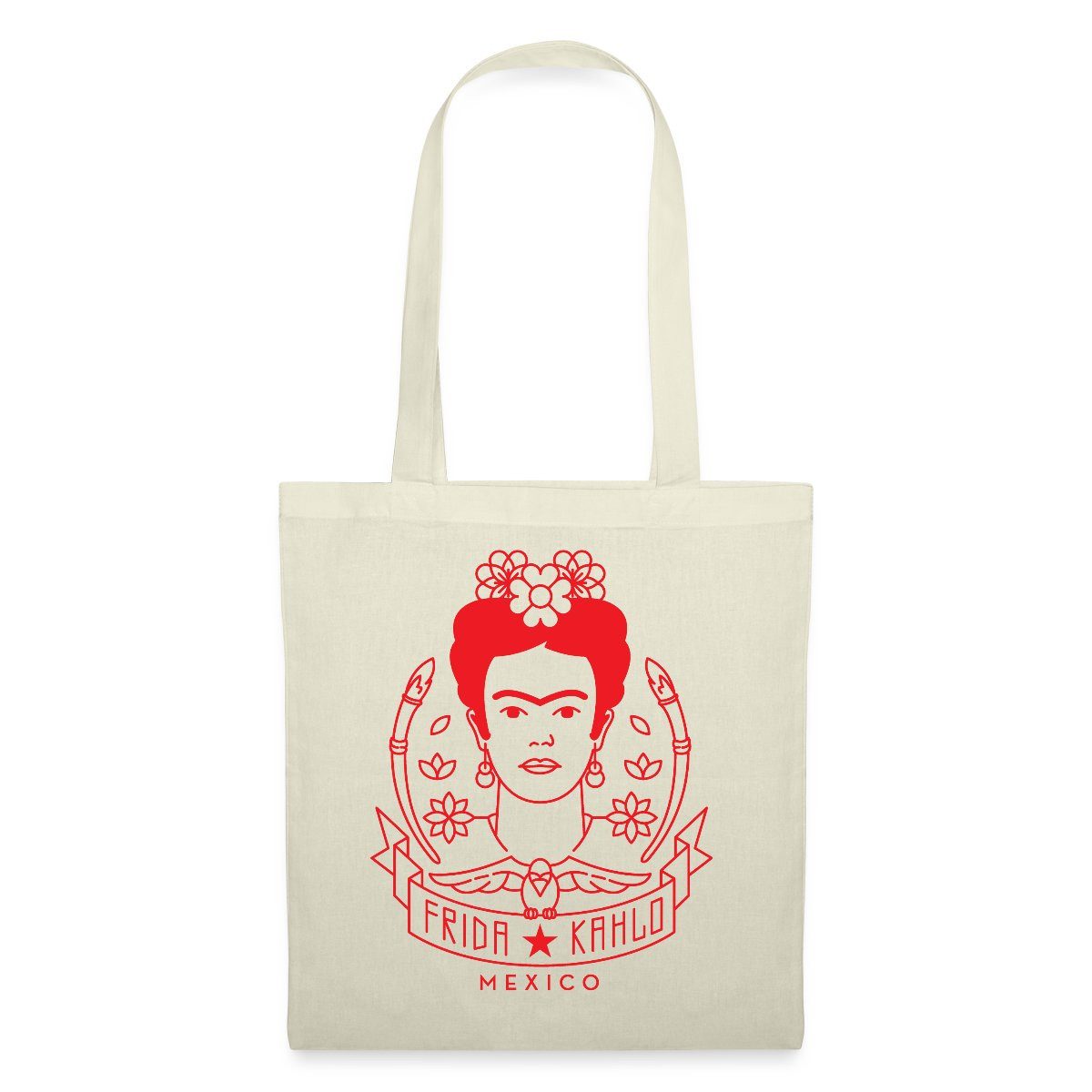 Henkeltasche Frida Kahlo Portrait Blumenkranz Rot Stoffbeutel
