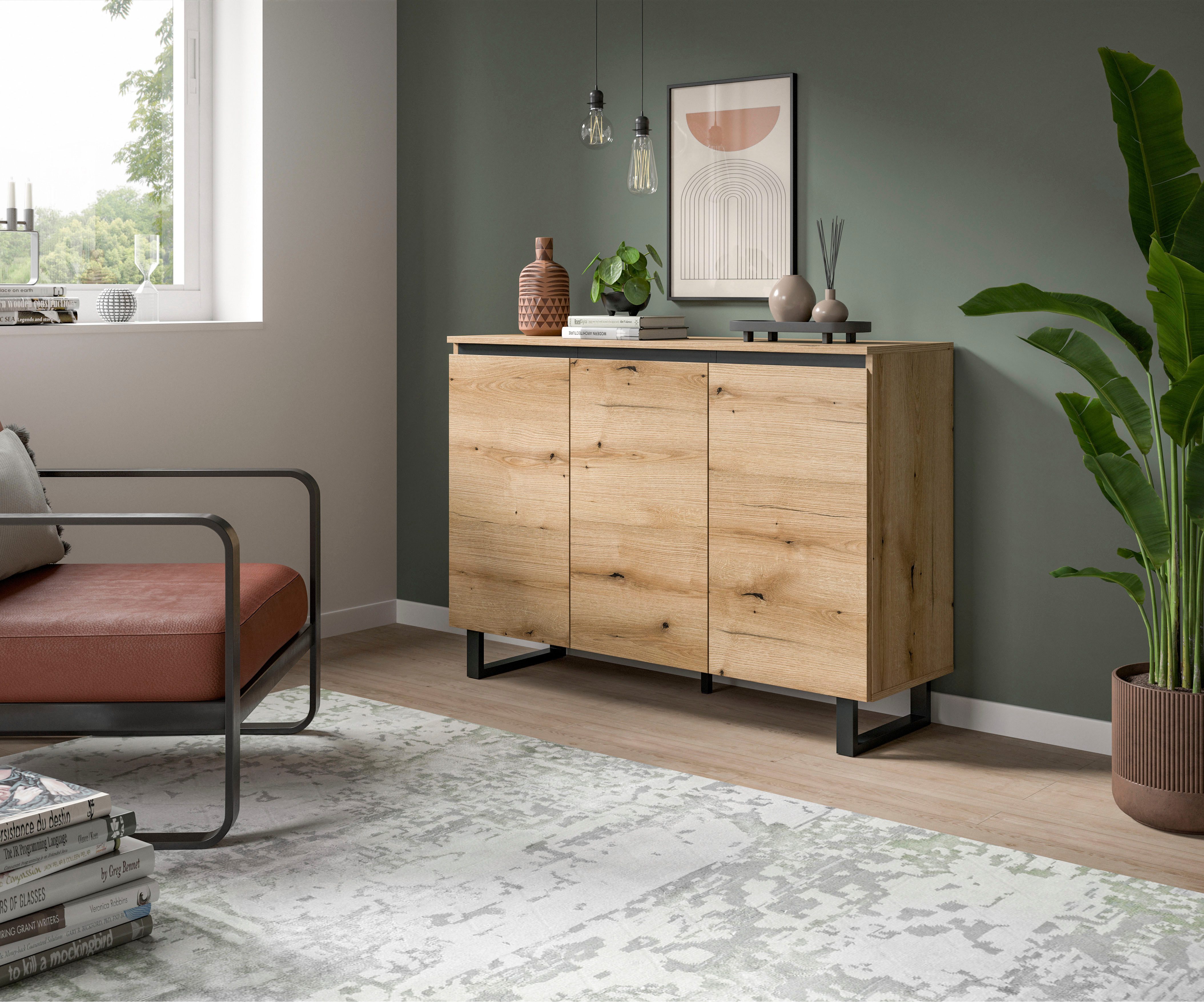 Home affaire Sideboard TOMA, Breite: 120 cm, mit Metall-Kufen-Fuß, 3 Türen, 3 Einlegeböden, Anrichte, Kommode, Schrank, Board, Higboard