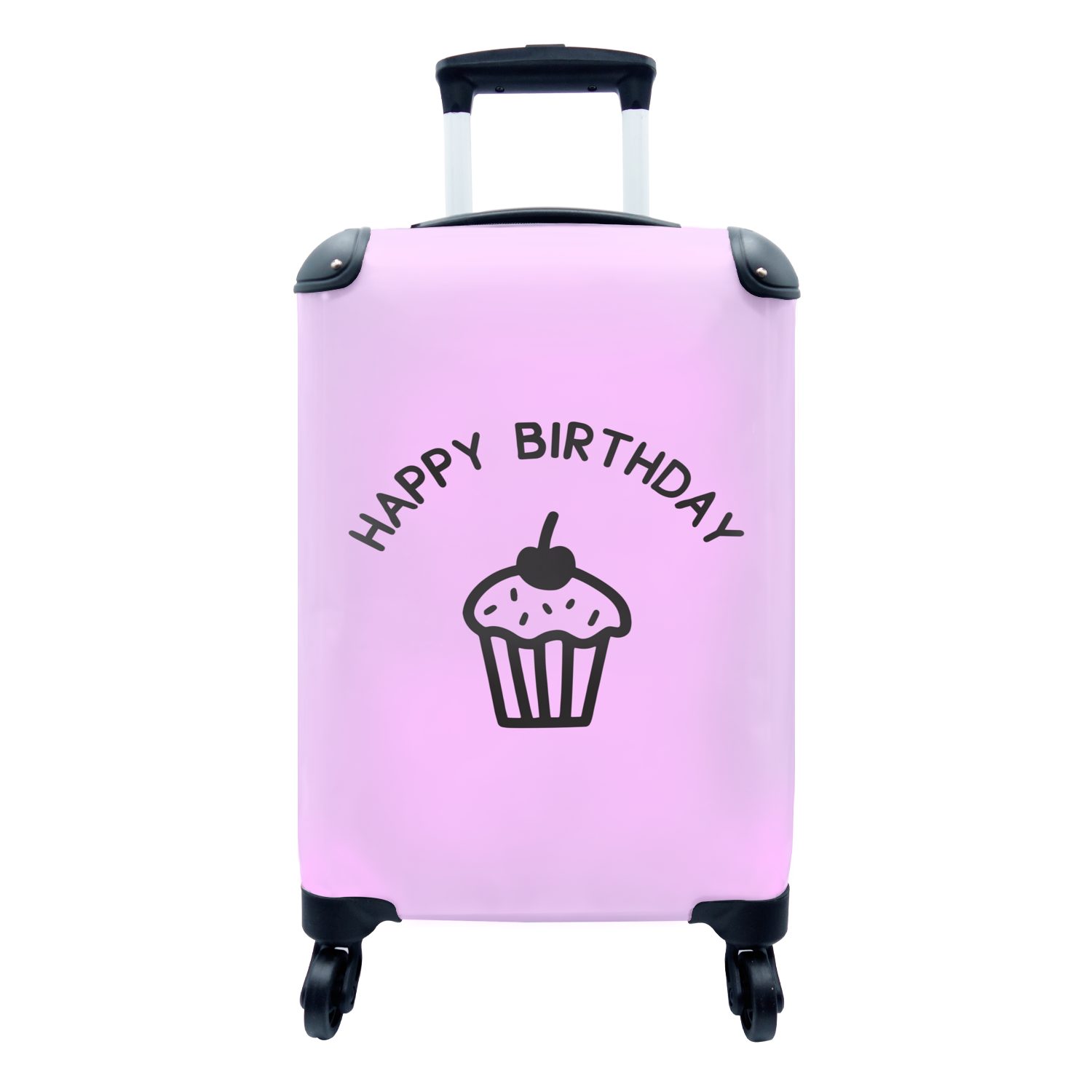 einem Trolley, Handgepäckkoffer "Happy Handgepäck MuchoWow auf für Reisekoffer 4 Birthday" Reisetasche Hintergrund, Cupcake Rollen, mit Zitat rosa mit rollen, Ferien, einem