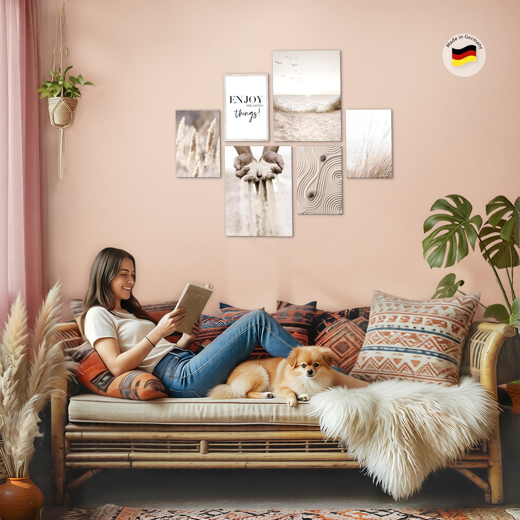 Novart Wandbild Boho Pampasgras Beige Sand - KEIN EXTRA RAHMEN BENÖTIGT, (6 St)