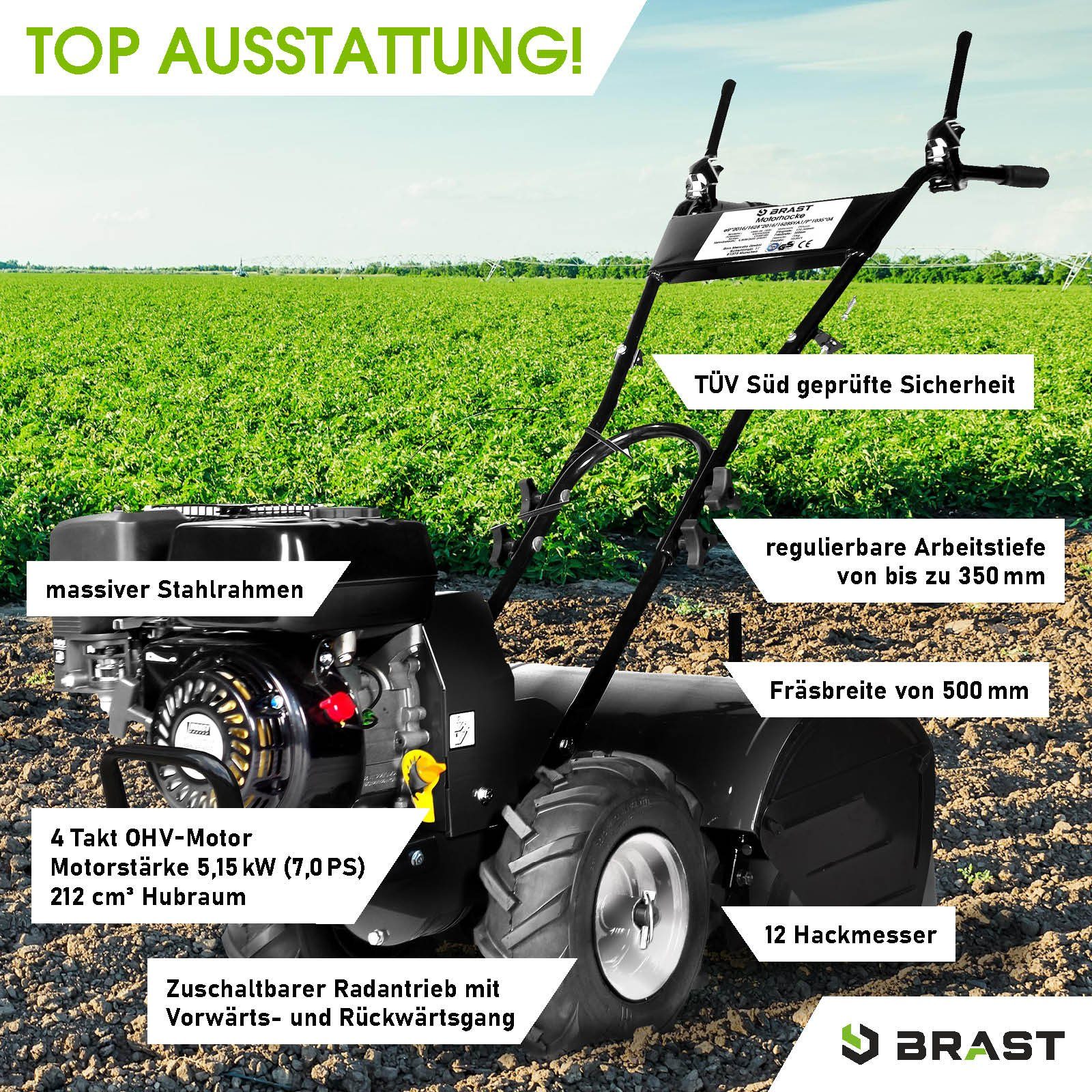 BRAST Benzinmotorhacke Ackerfräse 5,15kW(7PS) Selbstantrieb Gartenfräse TÜV geprüft, 50,00 cm Arbeitsbreite
