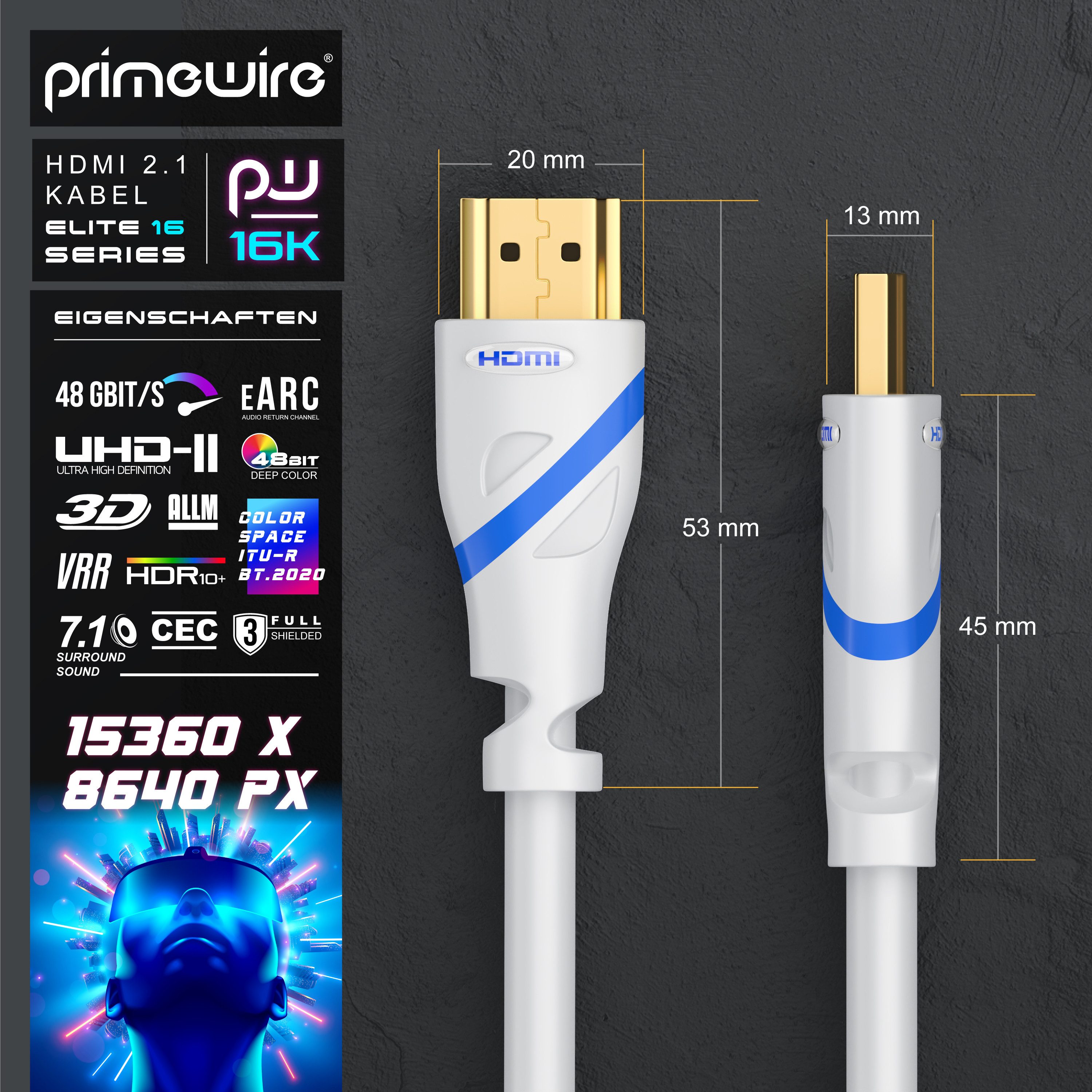 Primewire 16k 2.1, 16k 30 Hz 8k 60Hz 4k 120 Hz, HDMI-Kabel, 2.0b, HDMI Typ A (25 cm), Ultra High Speed Ethernet 48Gbps, UHD HDR 10+ eARC DV 3D VRR - 0,25m