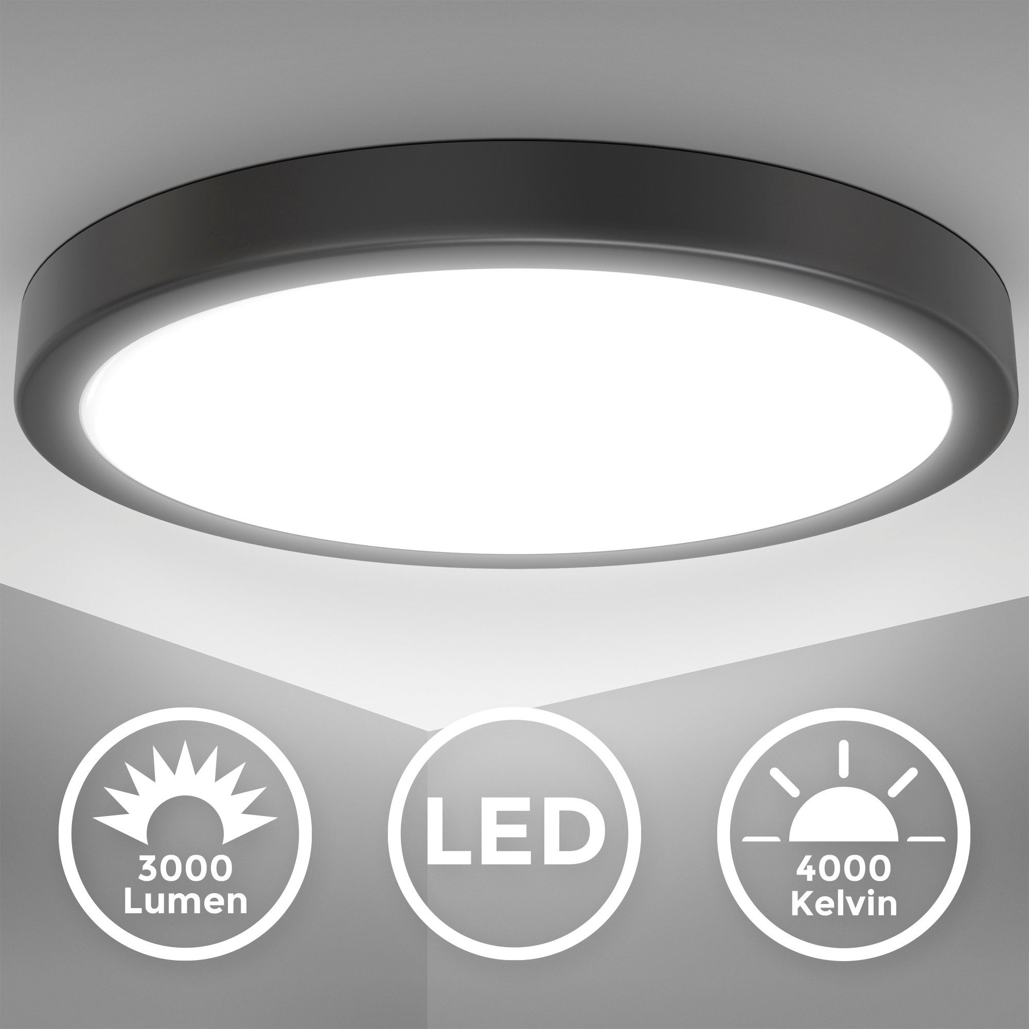 B.K.Licht LED Deckenleuchte BK_DL1539 LED cm, Schwarz LED neutralweißes 4.000K integriert, Lm, Deckenlampe, Ø38 24W, Neutralweiß, Licht, fest 3.000 Küchenlampe