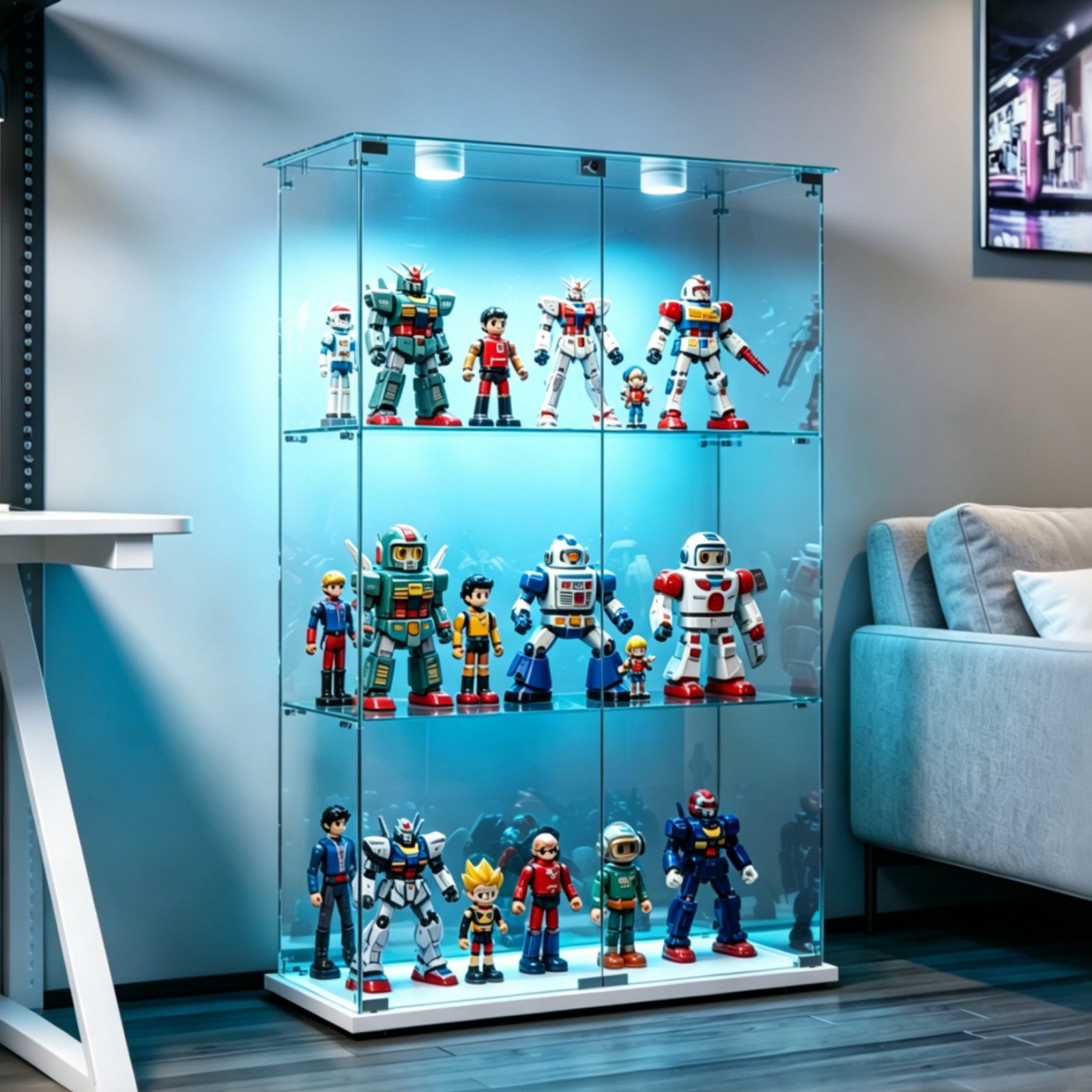 Simurq Glasvitrine Standvitrinen mit LED Beleuchtung Vitrinenschrank mit Glastür (glas vitrine mit 2 Glastür und 3 Lagen,Schloss,Kippsicherung) Sammlervitrine aus gehärtetes Glas,Modernes rahmenloses Design