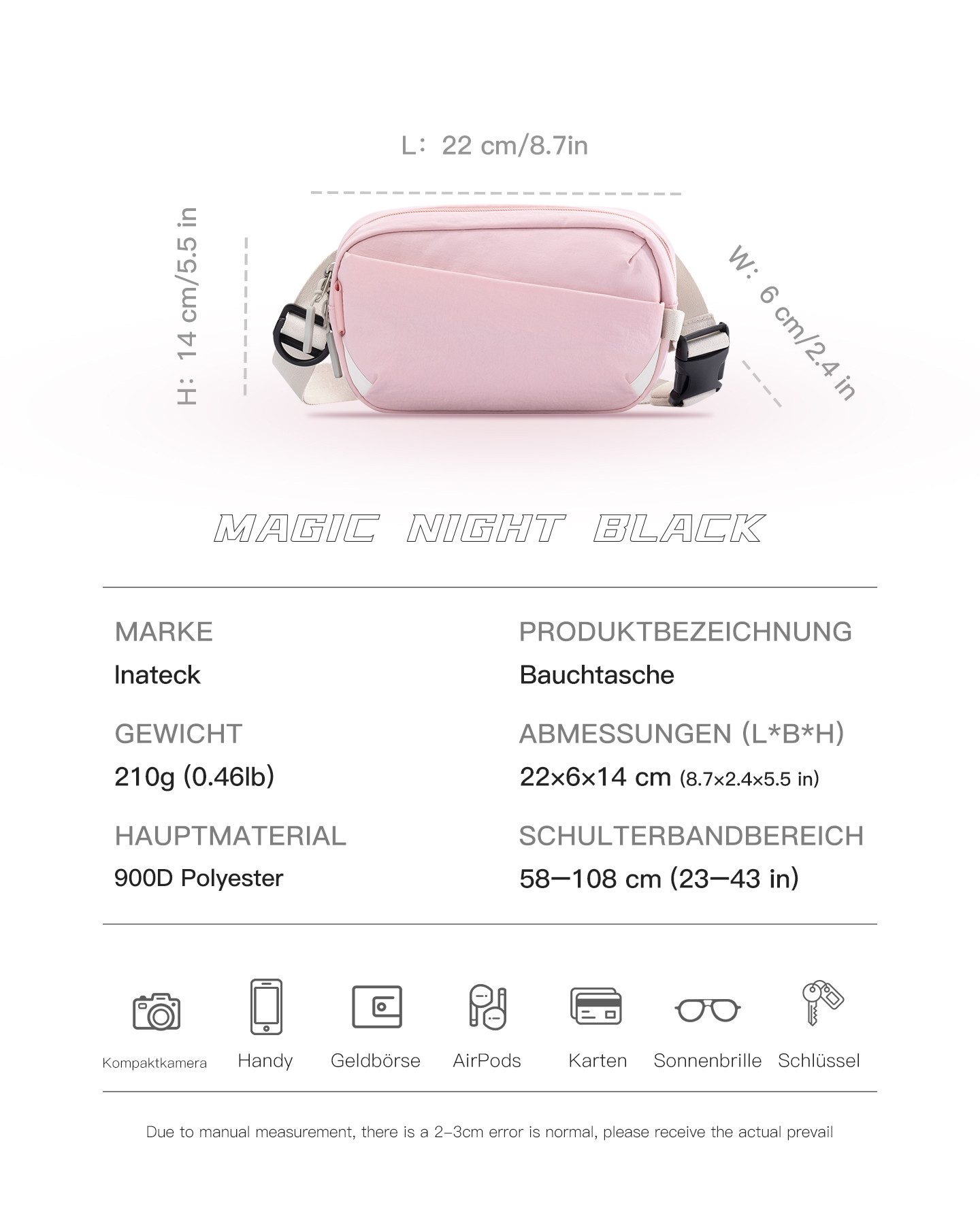 Inateck Gürteltasche Sling Bag, 1,5 Liter Bauchtasche Gürteltasche Brusttasche, für Reise, Sport, Wandern