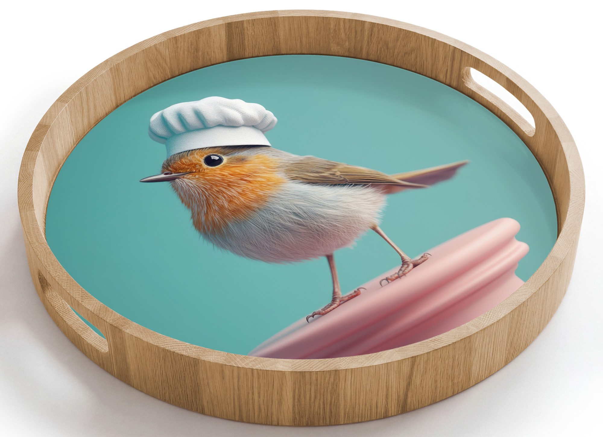 OnlyWow Tablett Rund mit Henkel Rotkehlchen - Vogel - Kochmütze - Sockel, Eichenholz, (1-tlg), Siervierplatte, Tray, Frühstücksbrett