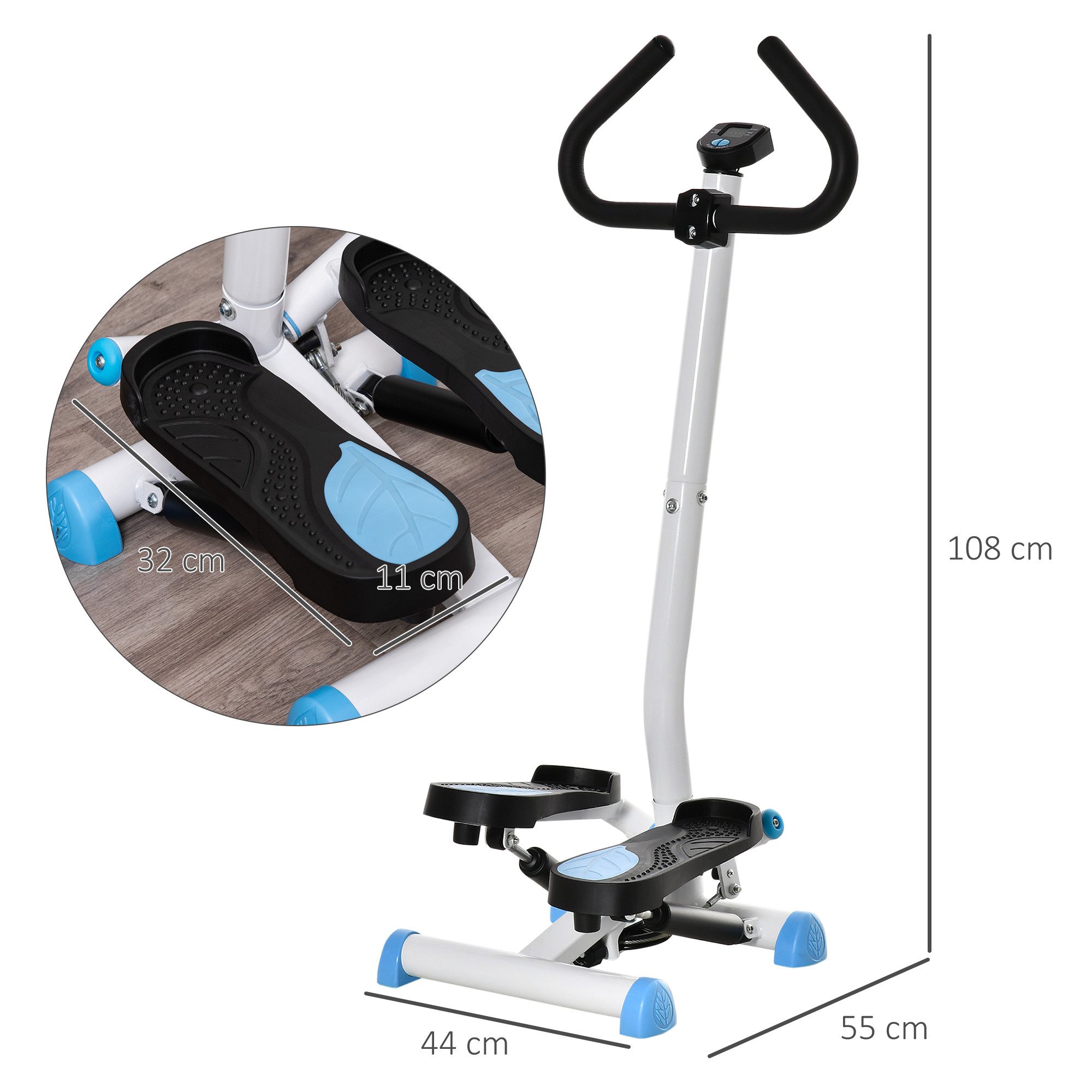 HOMCOM Stepper Fitness Swing Stepper mit LCD-Schirm und Handgriff blau (Hometrainer für Zuhause, 1-tlg., bis 100 kg), Stahl, ABS, 55cm x 44cm x 108cm