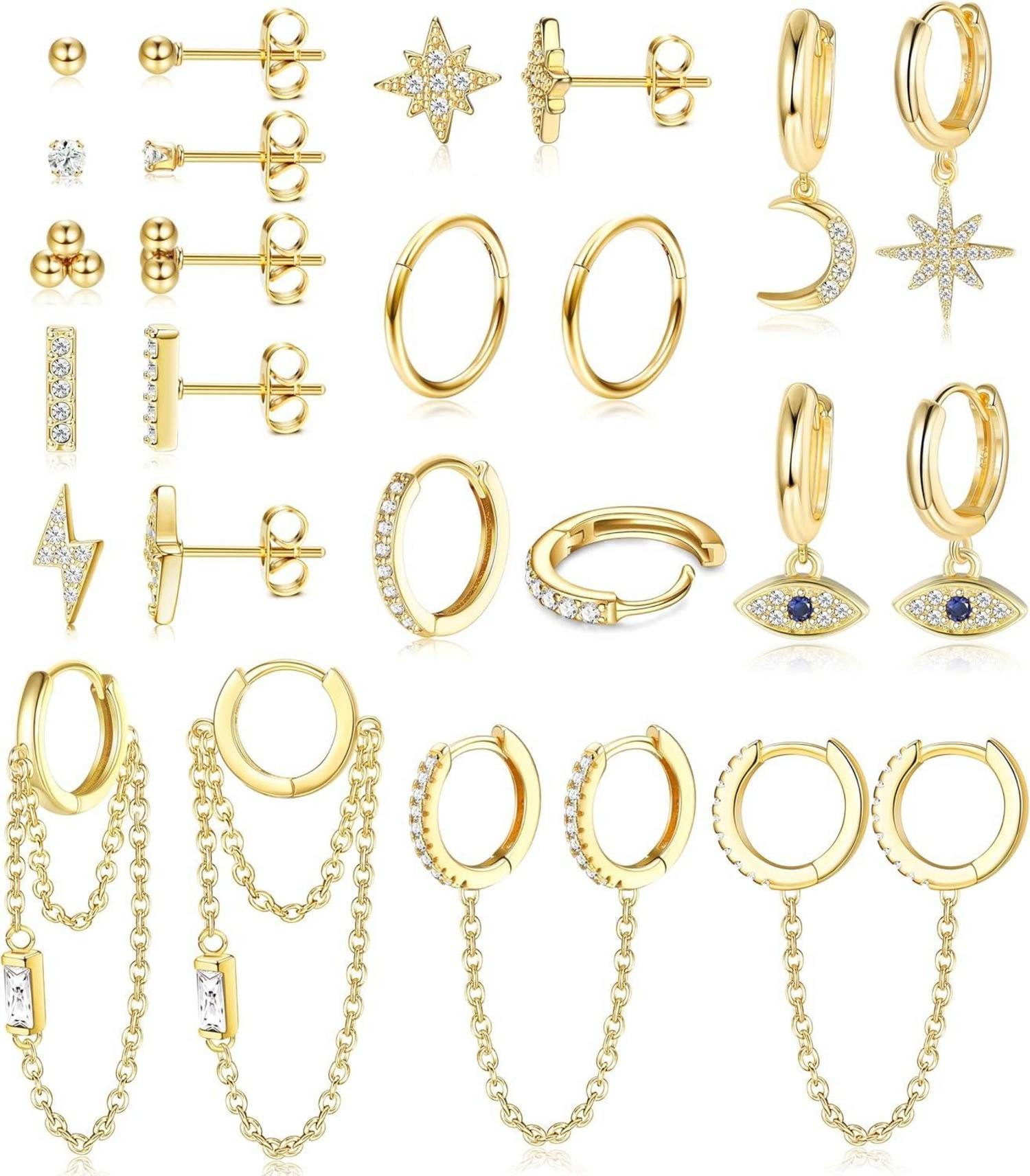 Ohrring und Ketten Set 12Paar Kleine Ohrstecker Damen Set Edelstahl Zirkon Mini Creolen