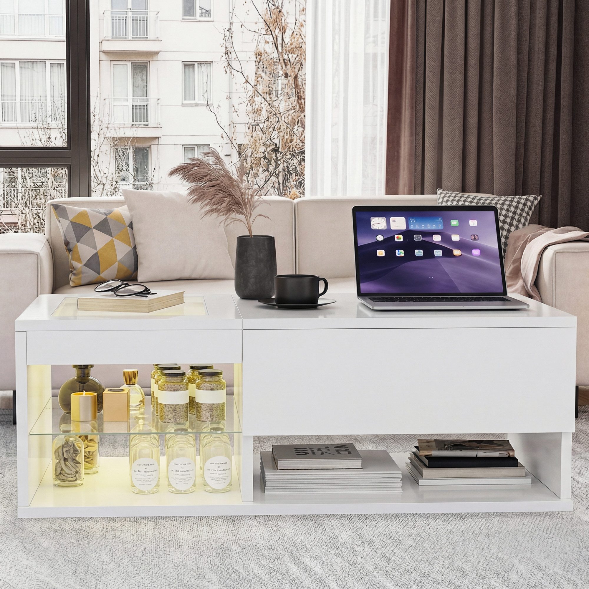 ADWOLT Couchtisch anhebbarer Kaffeetisch Wohnzimmertisch mit LED Beleuchtung, Sofatisch mit verstecktem Stauraum, Hochglanz Beistelltisch,Weiß