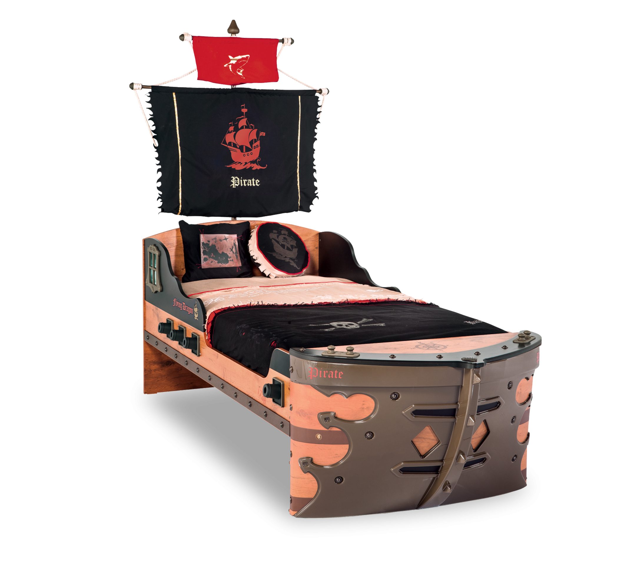 Möbel-Zeit Kinderbett Piratenschiff – 90x190 cm – Abenteuerbett mit optionalem Gästebett