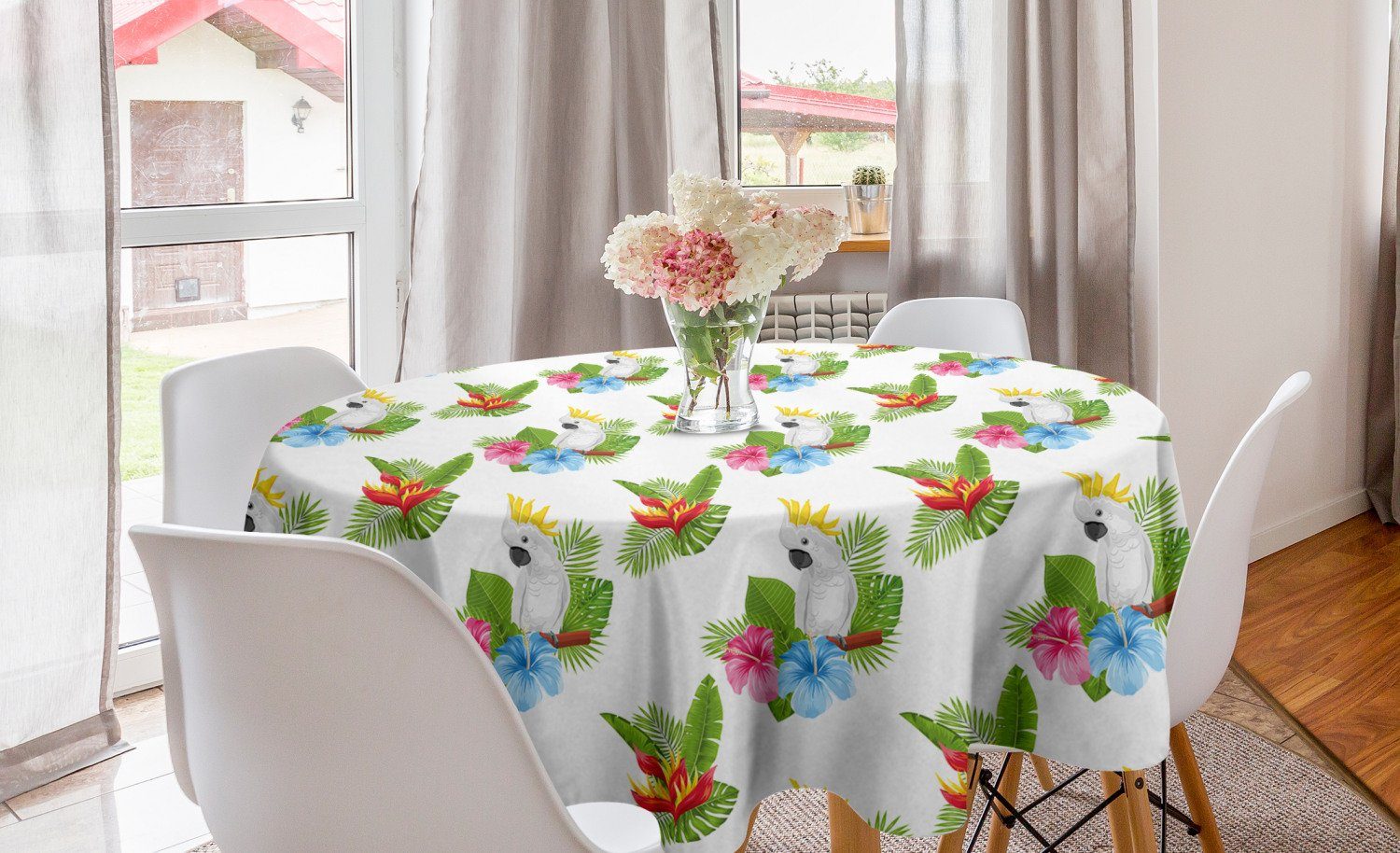 Abakuhaus Tischdecke Kreis Tischdecke Abdeckung für Esszimmer Küche Dekoration, Luau Cockatoo und Tropical Petals