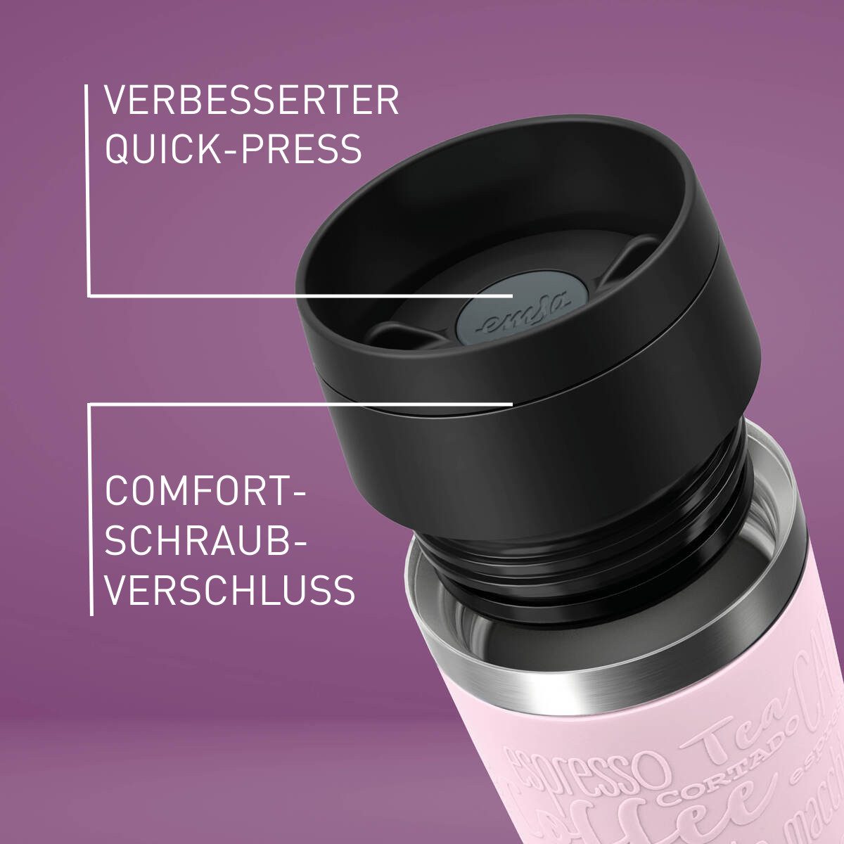Emsa Thermobecher Travel Mug Classic, mit 360°-Trinköffnung, auslaufsicher, rutschfest, Edelstahl, Kunststoff, Silikon, 4h heiß, 8h kalt - 360 ml / 6h heiß, 12h kalt - 500 ml, 100% dicht