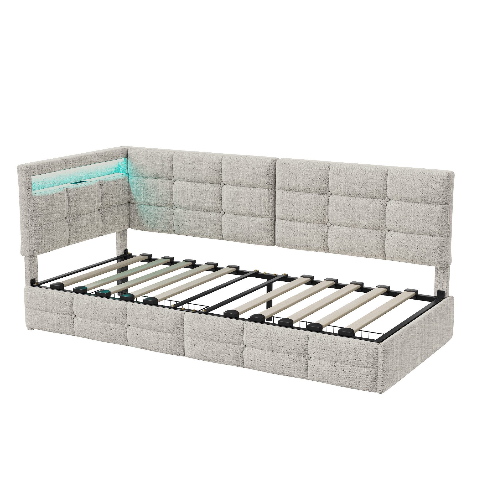 Gdood Polsterbett Daybett Jugendbett Tagesbett (1-tlg., 2 Schubladen, Geeignet für Jungen und Mädchen), Mit LED-Beleuchtung, Ladefunktion, Leinen, 90x200 cm