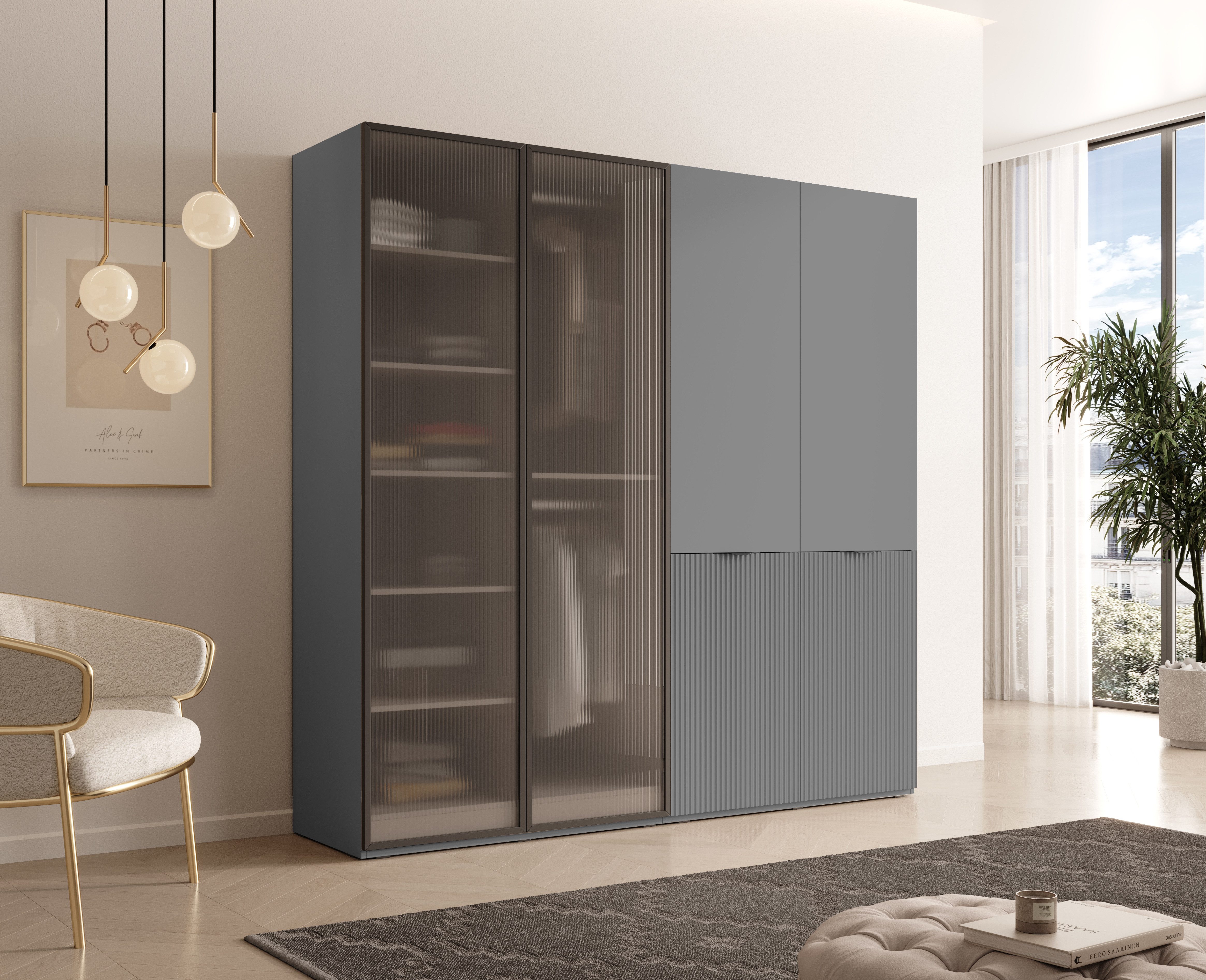 MOEBLO Drehtürenschrank MIINEWRA FLUTES 200 (Elegantes 2-tlg geriffeltem Gl günstig online kaufen