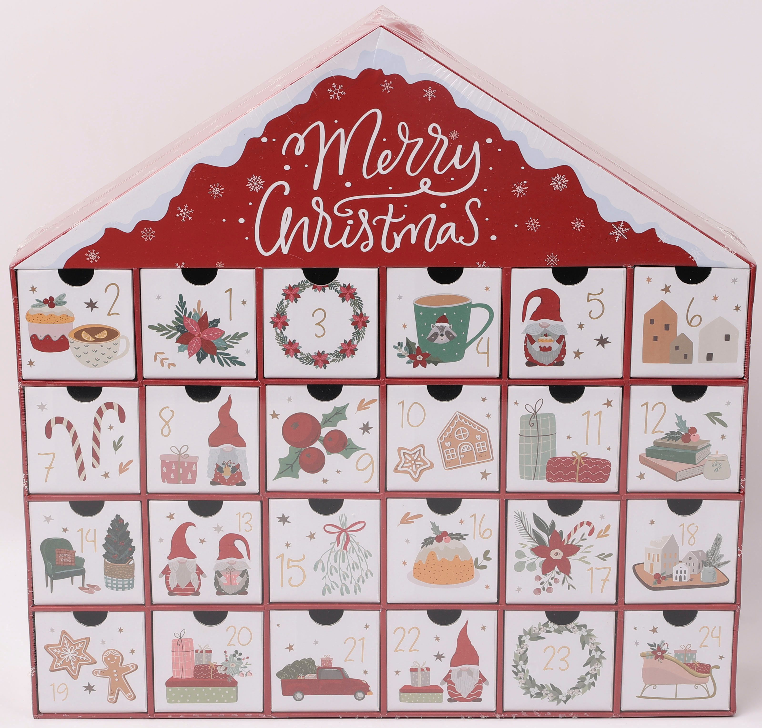 OTTO home Adventskalender Haus mit weihnachtlichen Motiven auf den Schubladen, unbefüllt, ca.40x40cm, wiederverwendbar