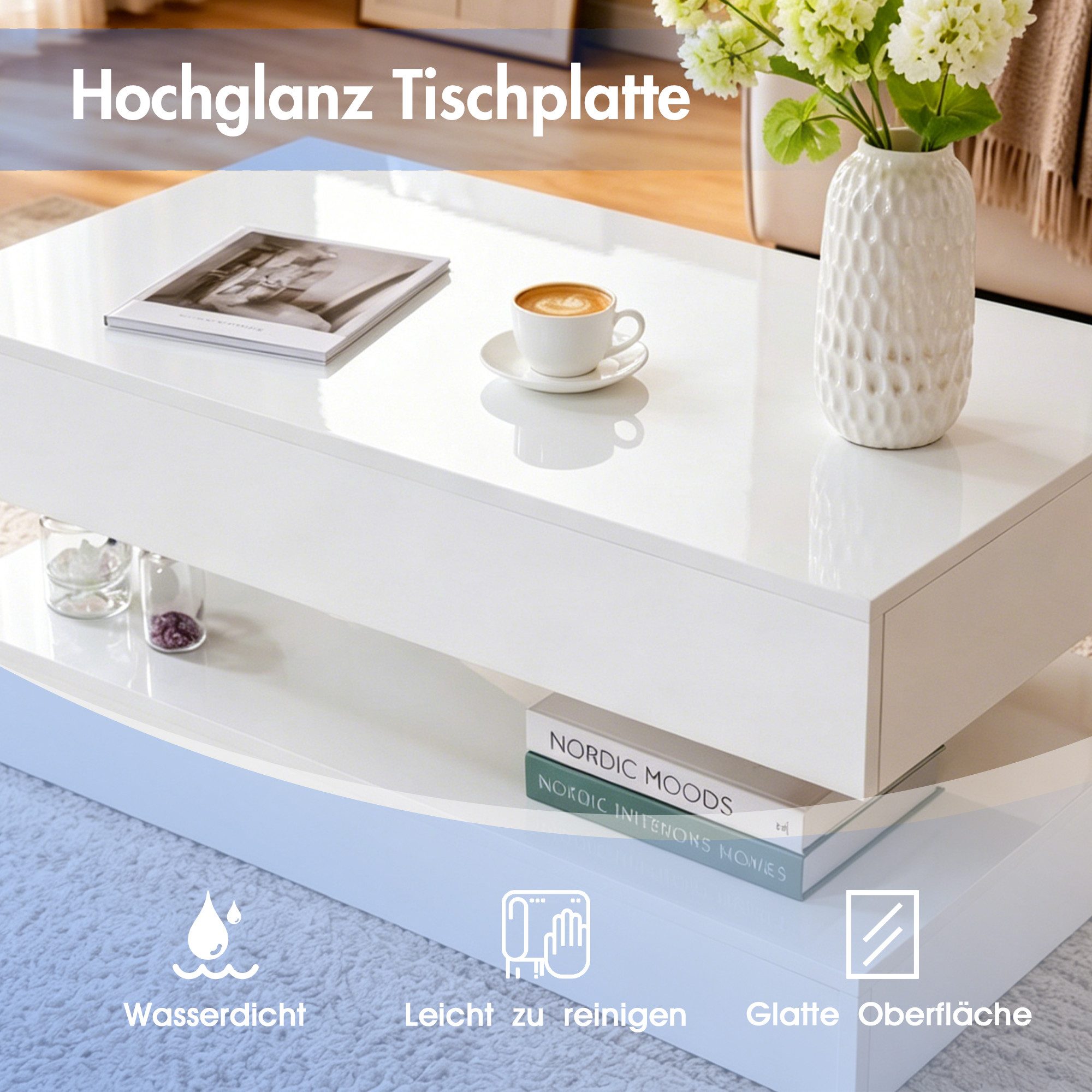Sunsitt Couchtisch Moderner Couchtisch in Hochglanz-Optik (Wohnzimmertisch mit 2 Schubladen, 100 x 50 x 45 cm), Sofatisch für Wohnzimmer, Schlafzimmer & Büro, W – Bild 3 von 5