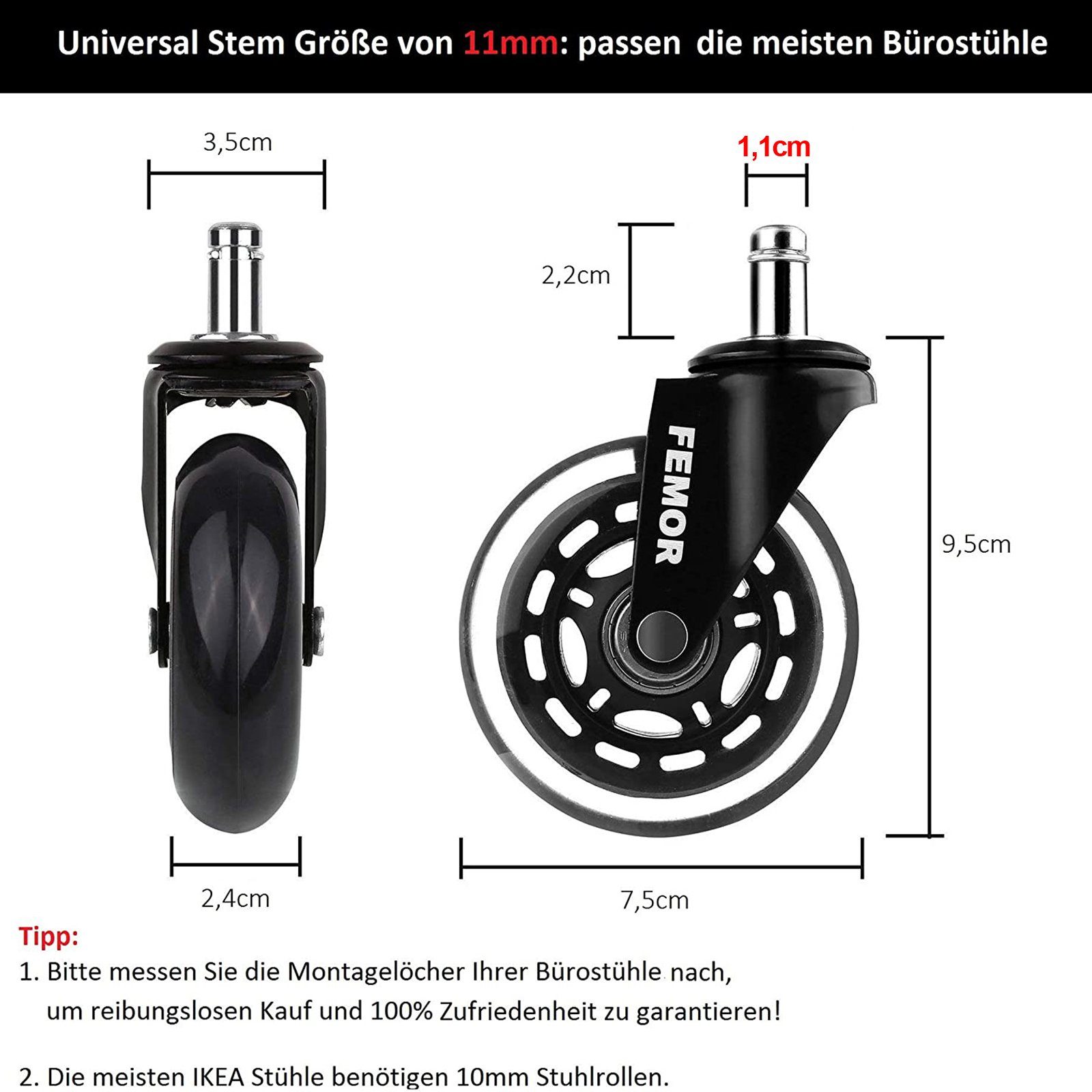 5 Rollen Bürostuhlrollen Ø75mmPIN 11mm Hartbodenrollen Stuhlrollen Kein Geräusch 5 Rollen Bürostuhlrollen Ø75mmPIN 11mm Hartbodenrollen Stuhlrollen Kein Geräusch