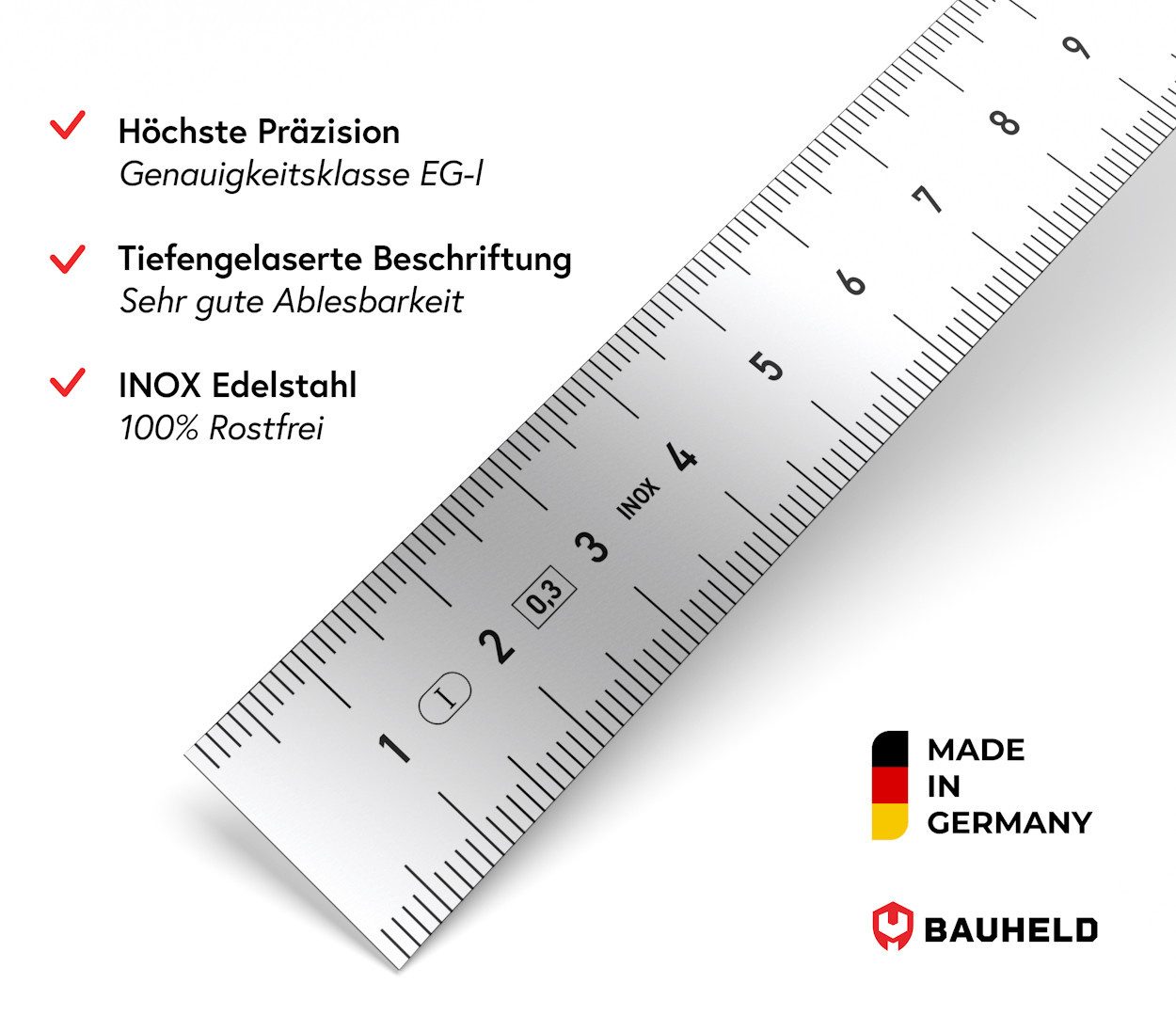 BAUHELD Lineal Stahlmaßstab, 150mm 300mm [EG-1] - Stahllineal mit INCH und CM [Made in Germany]