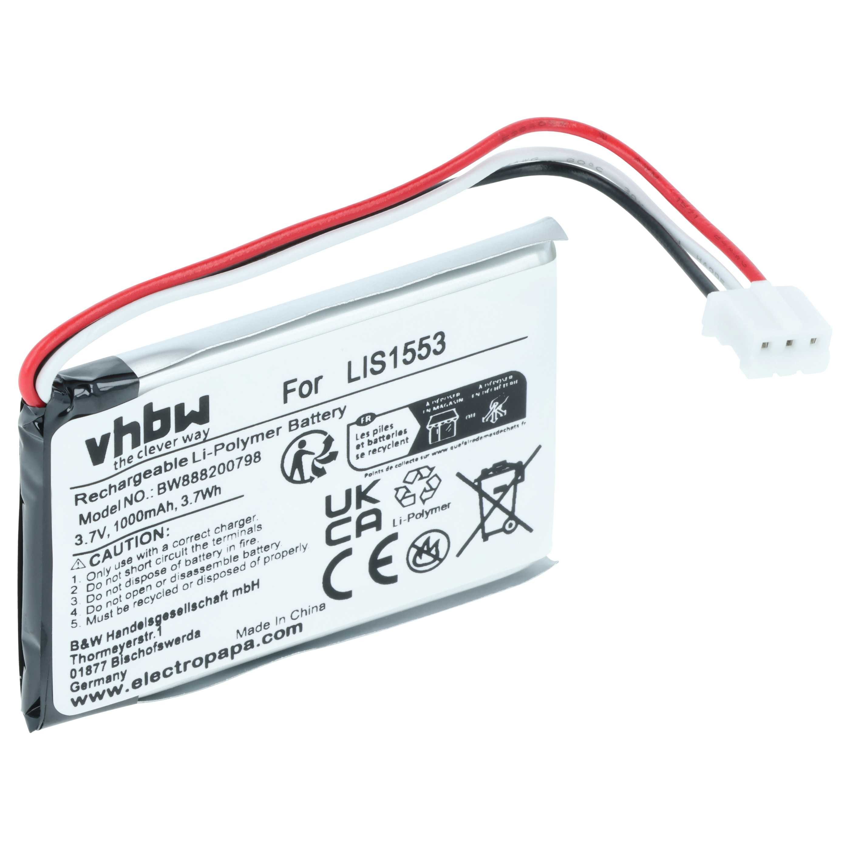 vhbw Akku passend für Sony WH-CH700N, MDR-XB950N1, SRS-WS1 Kopfhörer (1000 Akku Akku Li-Polymer 1000 mAh (3,7 V, 1 St), Leistungsfähiger Austausch-Akku für schnurlosen Kopfhörer, Headset