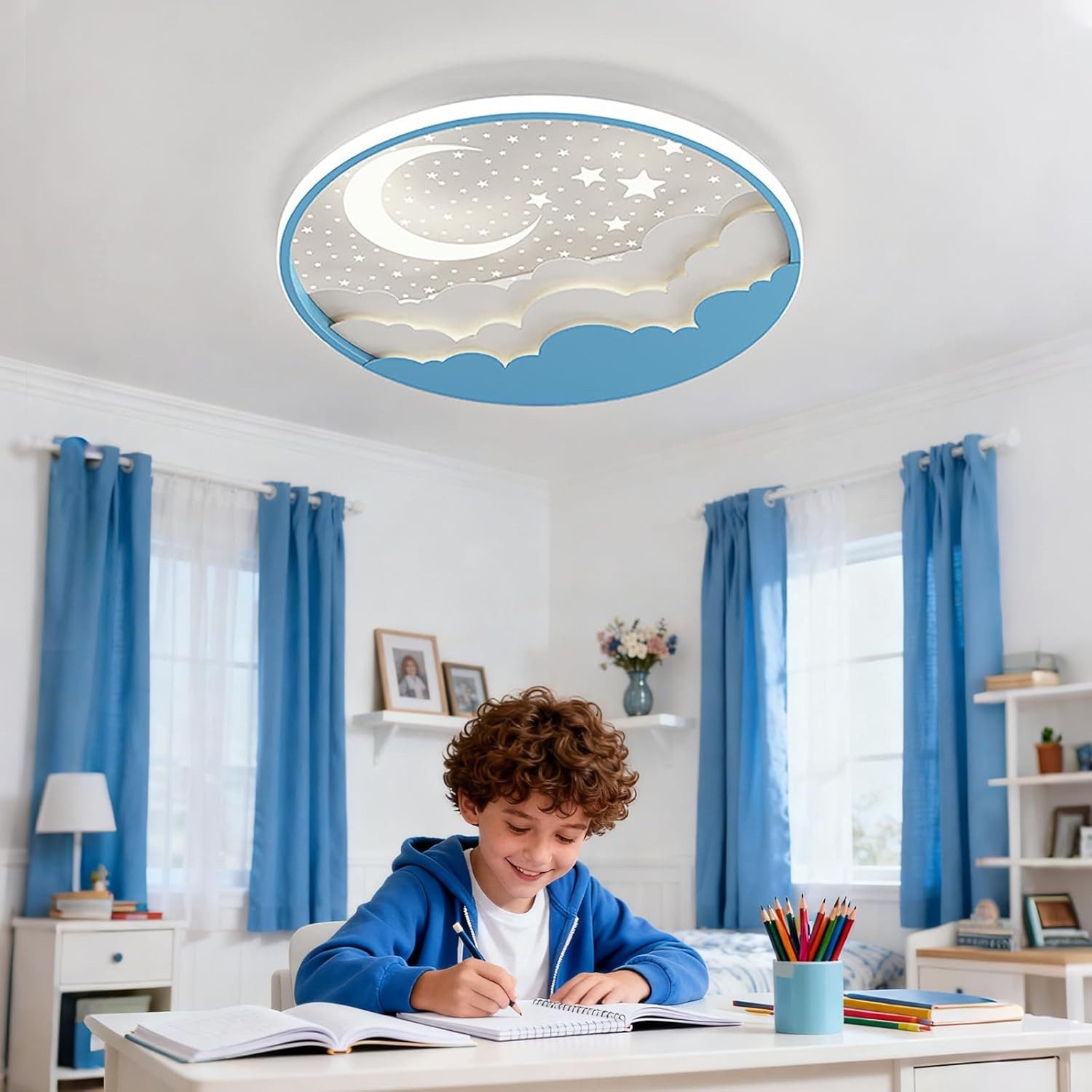 RRBEST Deckenleuchte LED Kinder Deckenlampe, Stern Mond Deckenleuchte Mit Fernbedienung, Warm, Natural, Kalt, Kinderzimmer Dimmbar Deckenleuchten, Schlafzimmer Lampe