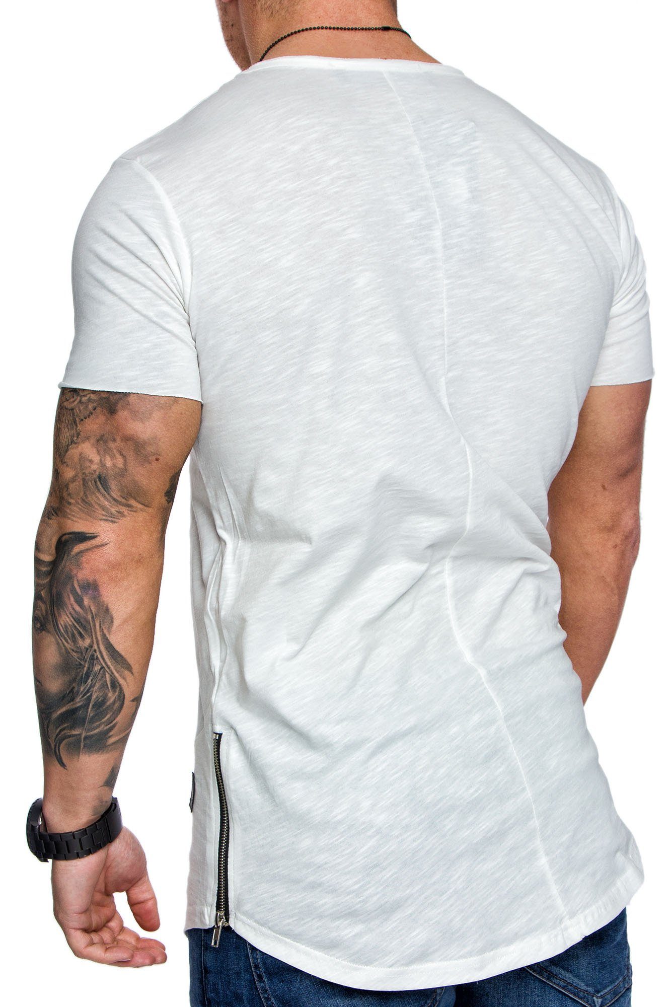 Herren Neck Basic Rundhals Oversize Vintage Weiß AUSTIN Crew T-Shirt Shirt Amaci&Sons Zipper