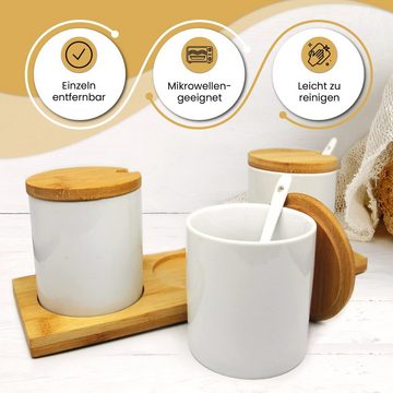 Easy line® Servierschale Zuckerdose stilvolle Schälchen für Dips, Gewürze, Saucen und Snacks, Servierplatte mit Keramik Schalen Löffel und Bambus Plateau