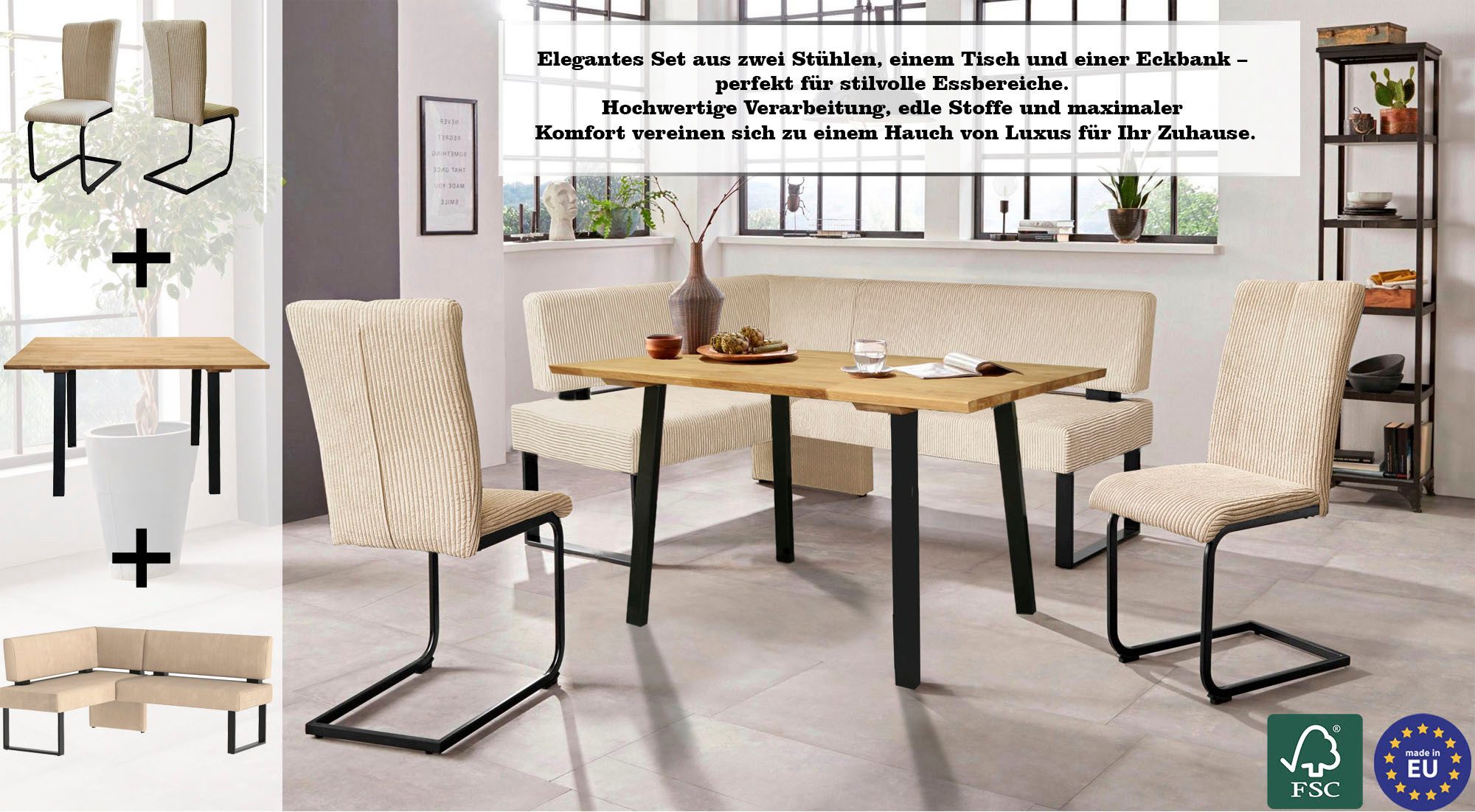 OTTO home Eckbankgruppe Oliver, (Set, 4-tlg., 4-tlg), Eckbank mit Wellenunterfederung im Sitz, Tisch Massiv Eiche
