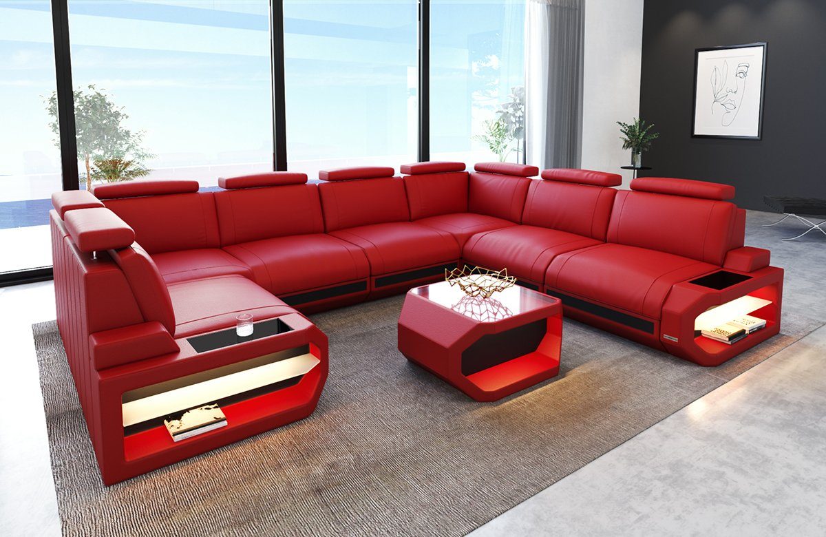 Ledersofa, und Leder Wohnlandschaft USB LED-Beleuchtung Sofa mit Ledersofa Wohnlandschaft Siena Dreams Sofa U Couch Form U-Form
