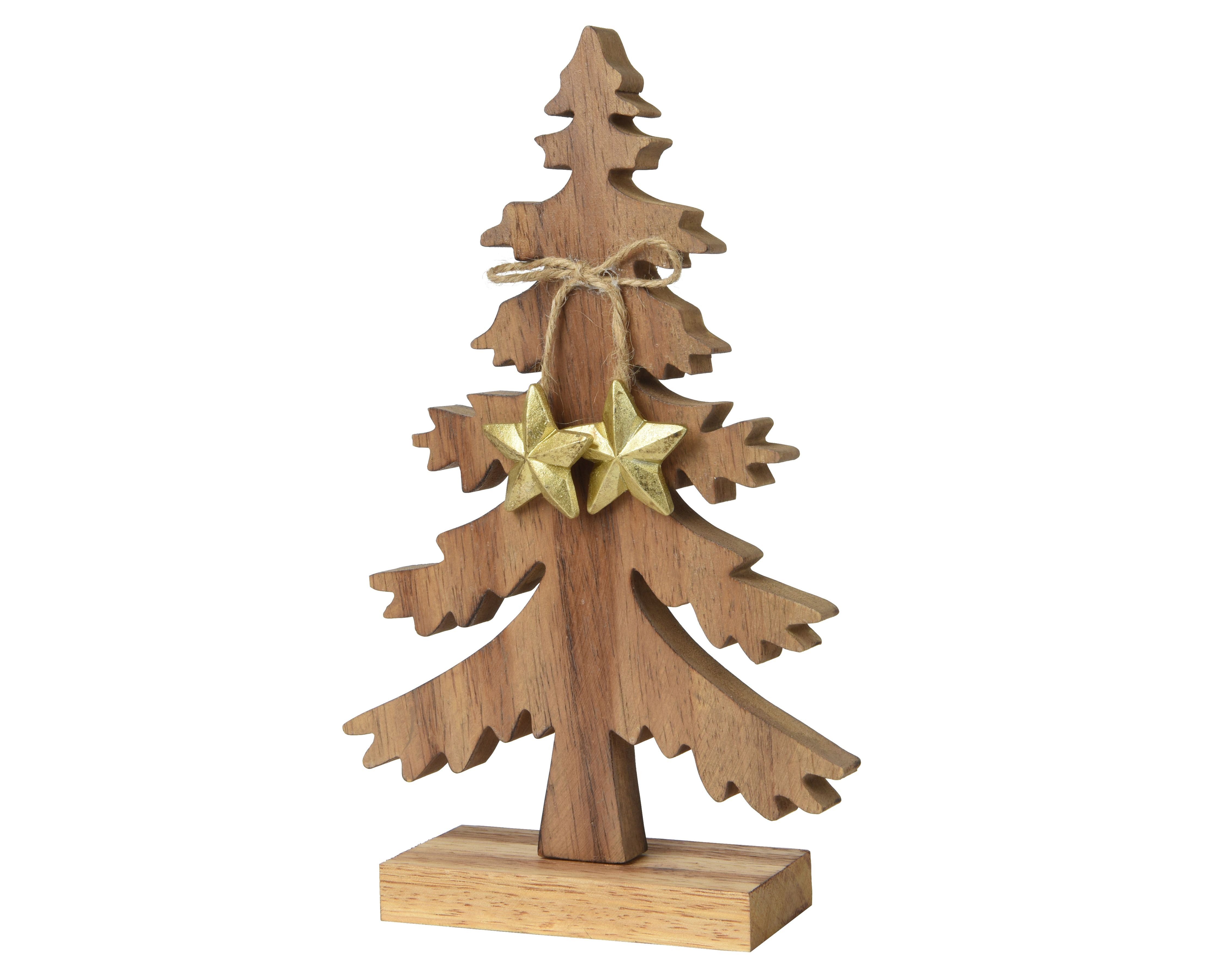 Kaemingk Dekoobjekt, Deko Aufsteller Tannenbaum mit Sternen 23cm Holz Natur / Gold