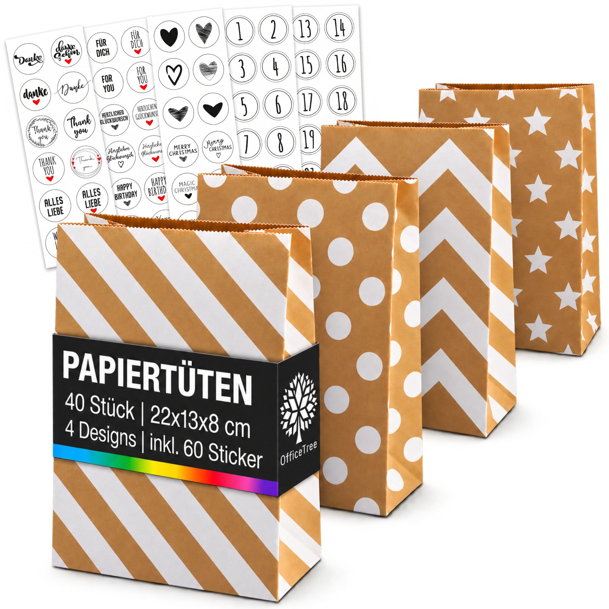 OfficeTree DIY-Adventskalender OfficeTree 40x Papiertüten - 4 Designs - 22x13x8 cm - inkl. 60 Sticker