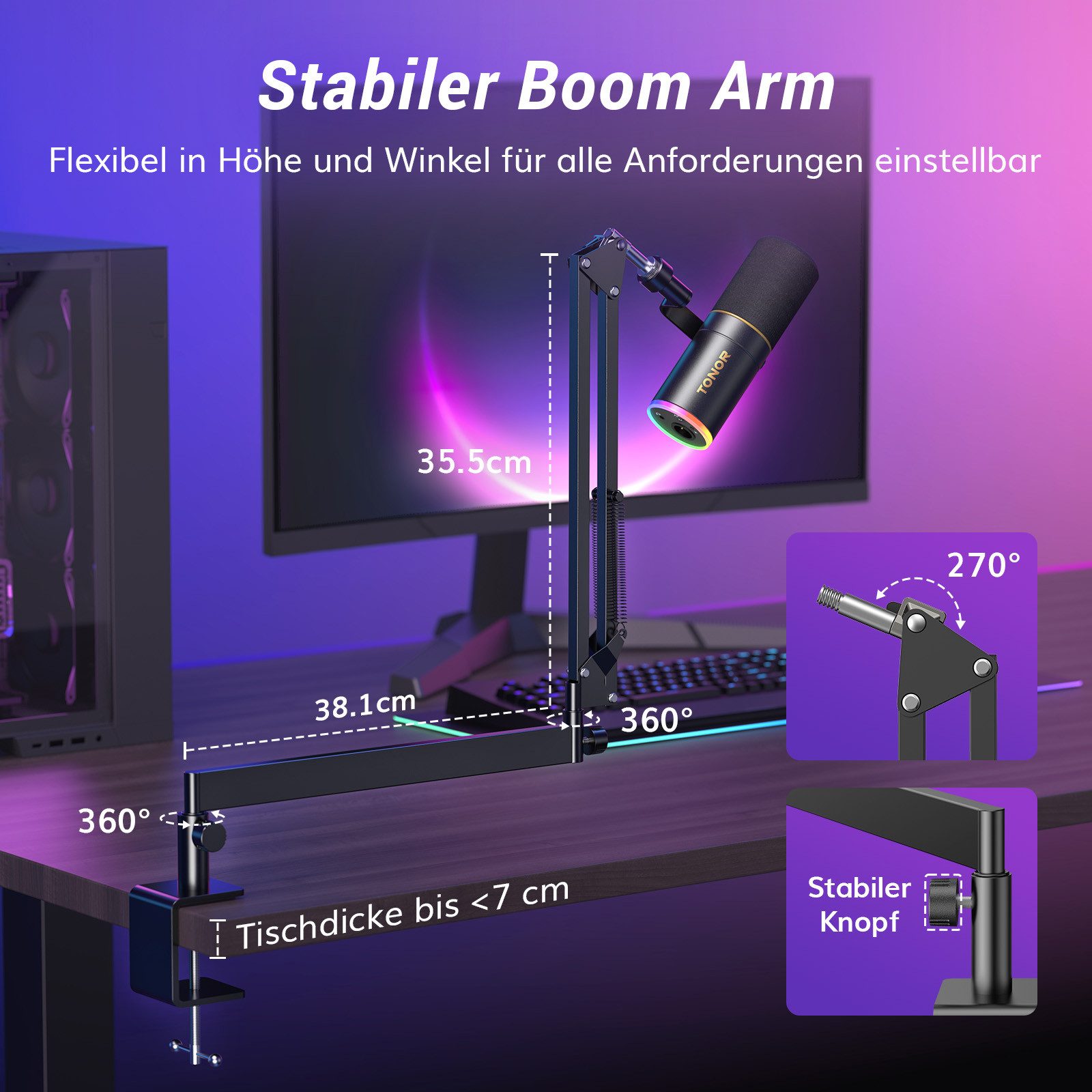 TONOR Streaming-Mikrofon Gaming Mikrofon mit Low Profile Mic Arm, PC Microphone TD520S+