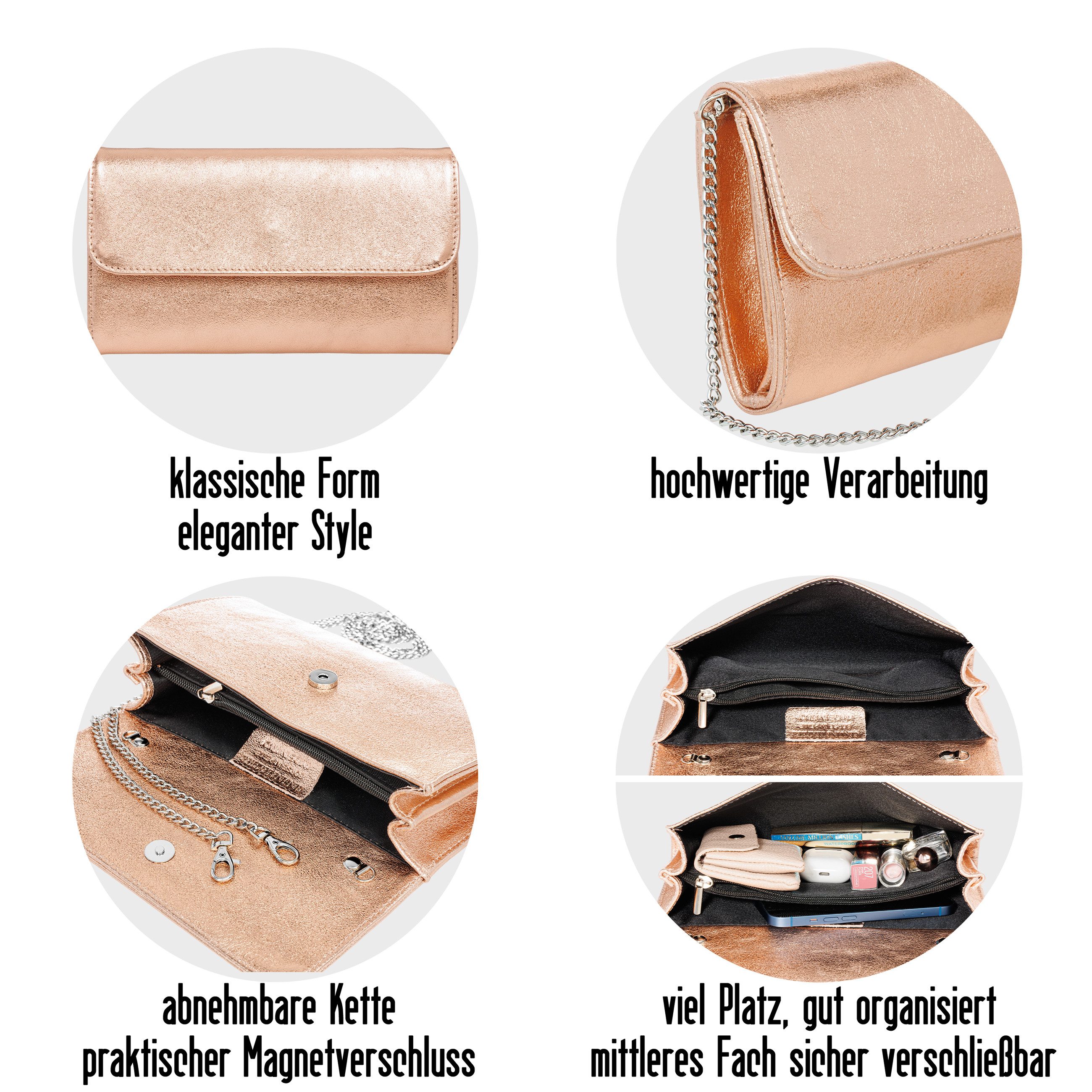 Caspar Clutch Abendtasche Metallic Leder Damen Tasche - PREMIUM LINE - Modell No.779, leicht, elegant & langlebig- 100% Echtleder - Handmade in Italy – Bild 4 von 5
