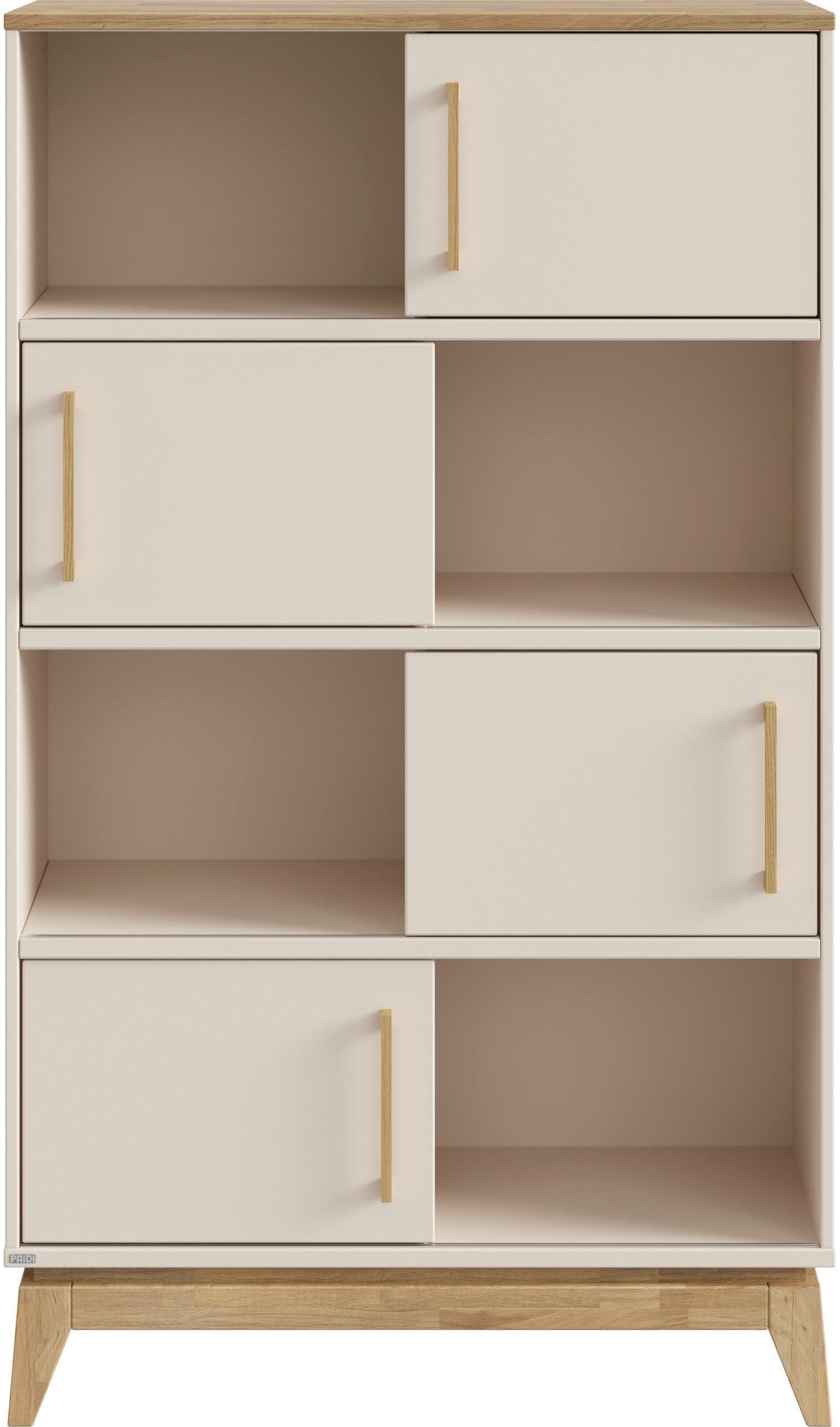 PAIDI Standregal STIENE in Beige oder Grau, 8 Fächer, 4 Schiebetüren mit Soft-Close, modernes und langlebiges Regal mit Massivholz, Highboard