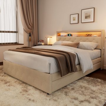 OKWISH Polsterbett Doppelbett (LED-Bett, Nachttisch-USB-Schnittstelle, Polsterbett mit 4 Schubladen), 140*200 cm, Ohne matratze