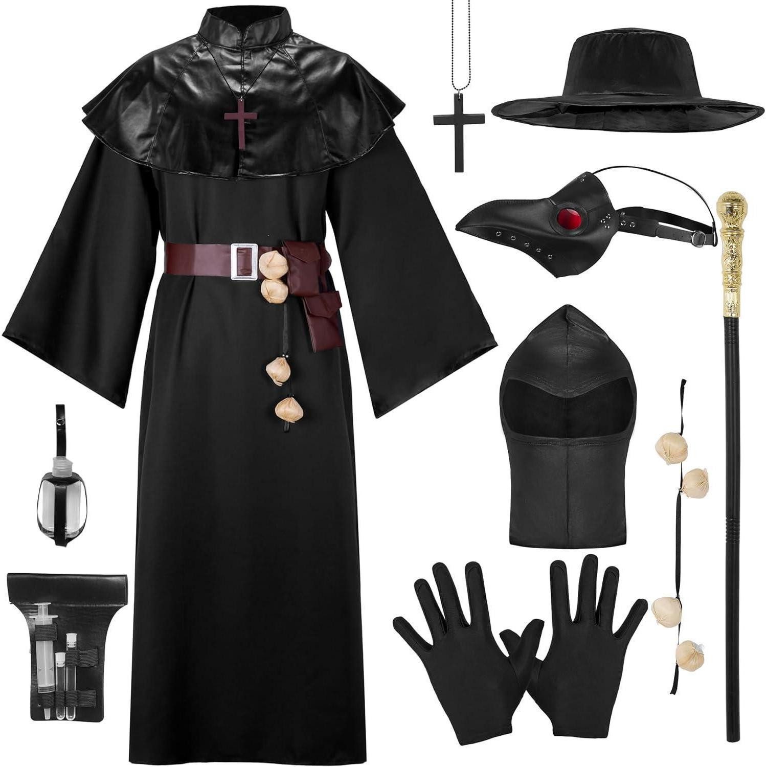 LuxusKollektion Arzt-Kostüm Herren Pestarzt Kostüm-Set Schwarz Mütze Maske Robe Handschuhe Gürtel