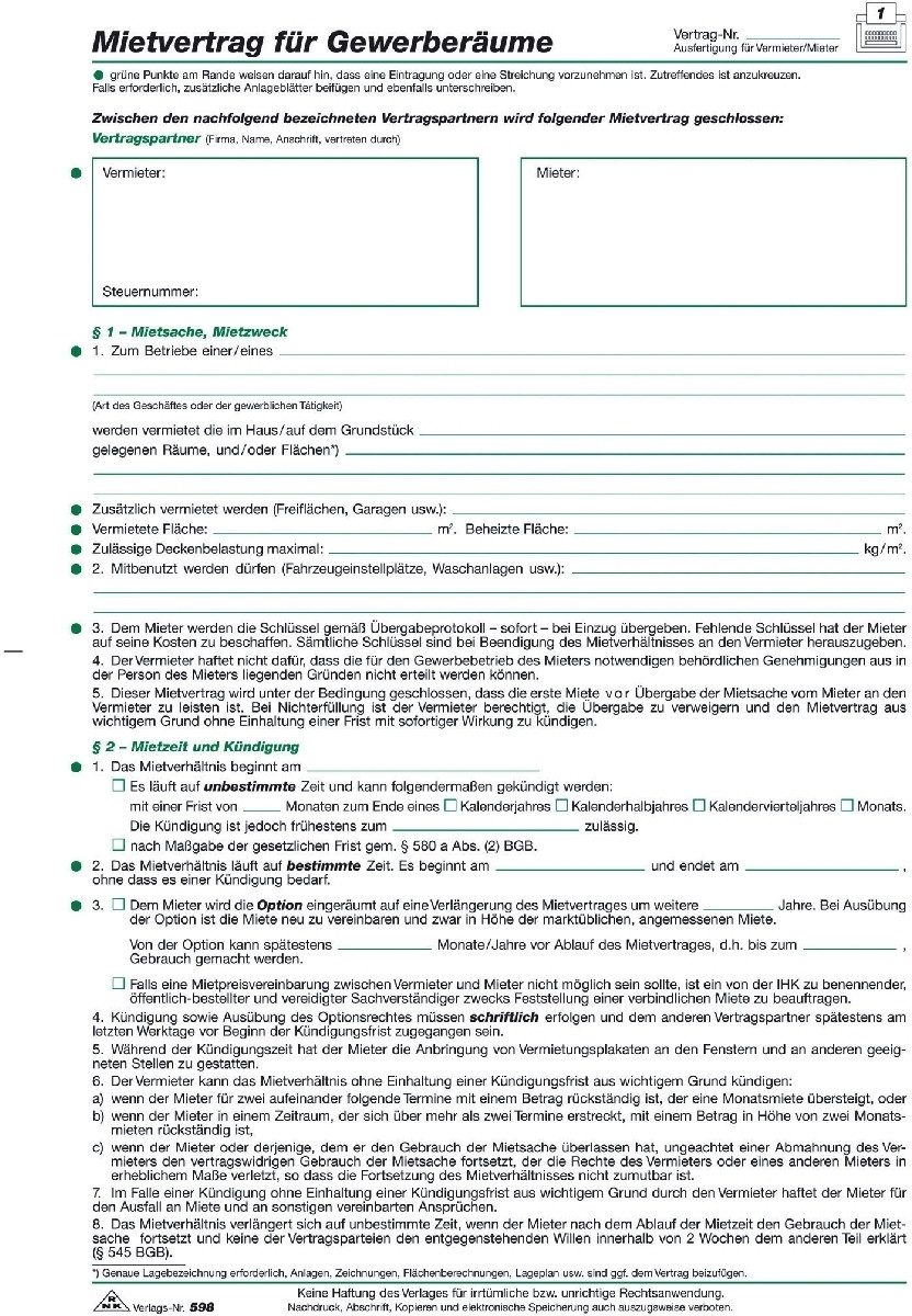 Formularblock Gewerberaum-Mietvertrag.