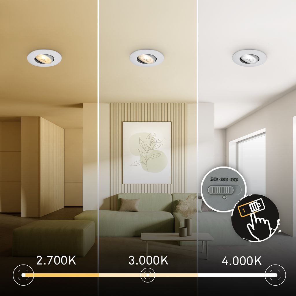 Briloner Leuchten LED Einbaustrahler LED Einbaustrahler 3er Set Schwenkbar CCT, LED fest integriert, 4000K - Neutralweiß, 2700K - Extra-Warmweiß, 3000K - Warmweiß, 90x24 mm, Wohnzimmer, Flur