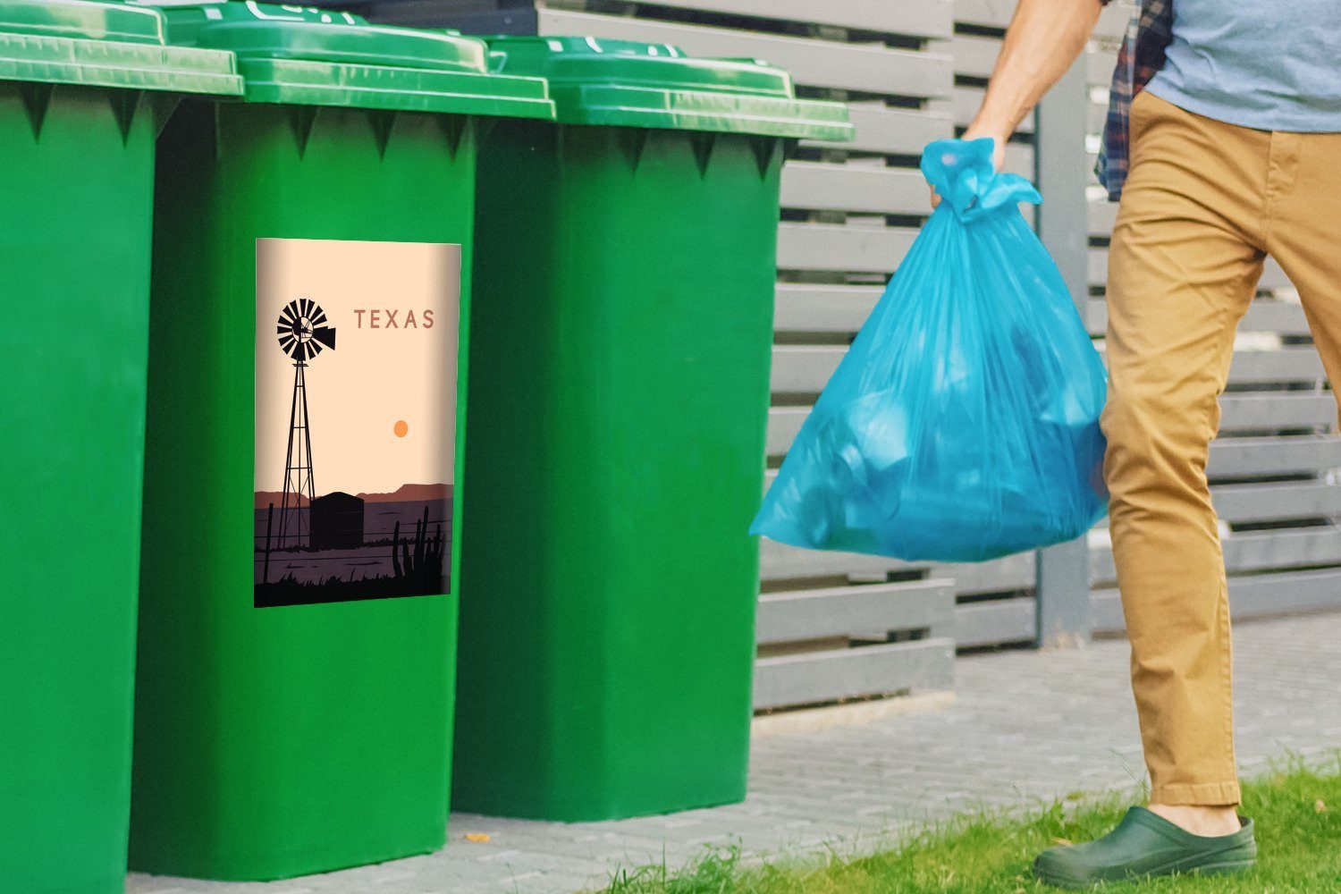 MuchoWow Wandsticker Windmühle (1 Mülltonne, Container, Sticker, St), Illustration Texas USA Mülleimer-aufkleber, - - Abfalbehälter 